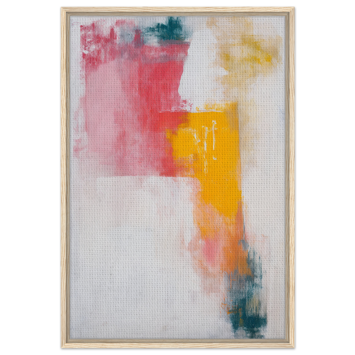 Abstract painting titled Chromatic Color Conflict featuring vibrant pink, yellow, and teal hues