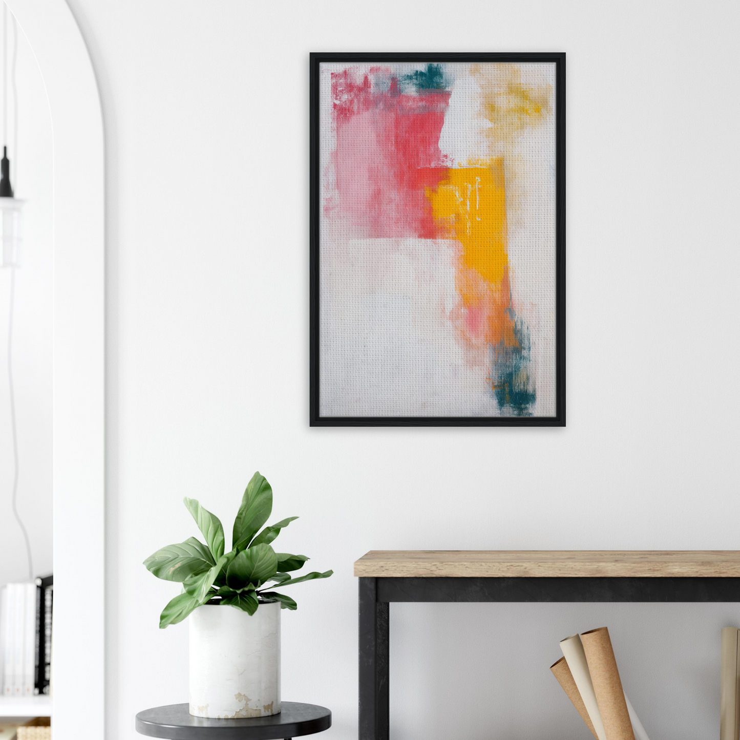 Abstract painting titled Chromatic Color Conflict, featuring vibrant pink, yellow, and teal