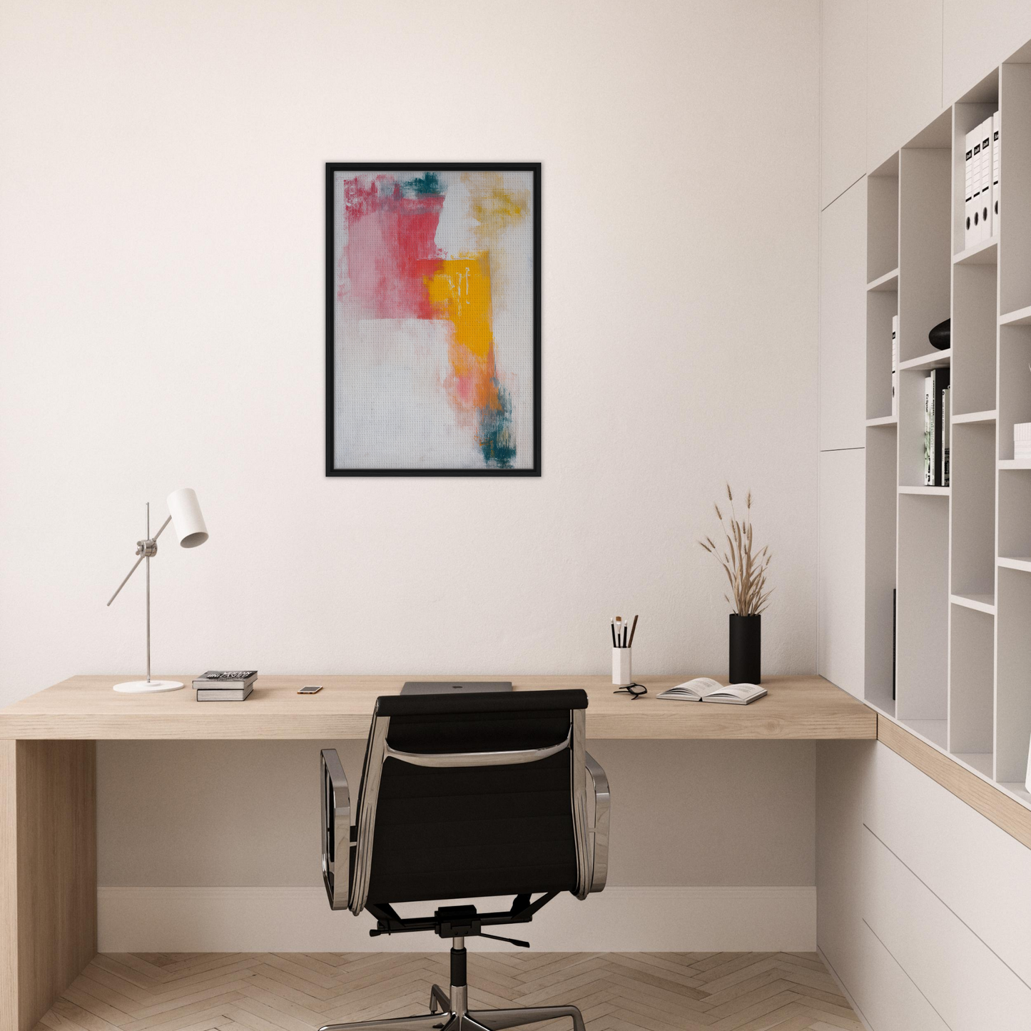 Minimalist home office workspace featuring Chromatic Color Conflict wall art and stylish decor