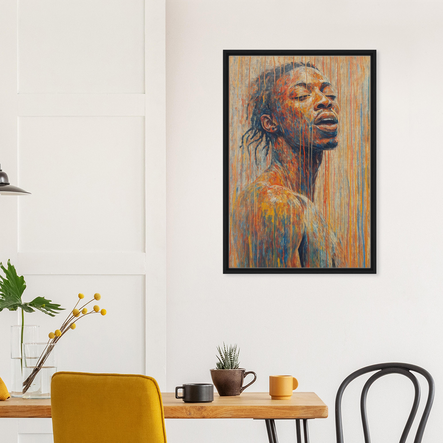 Vibrant portrait painting with closed eyes in Chromatic Reverie Unblinking framed canvas print