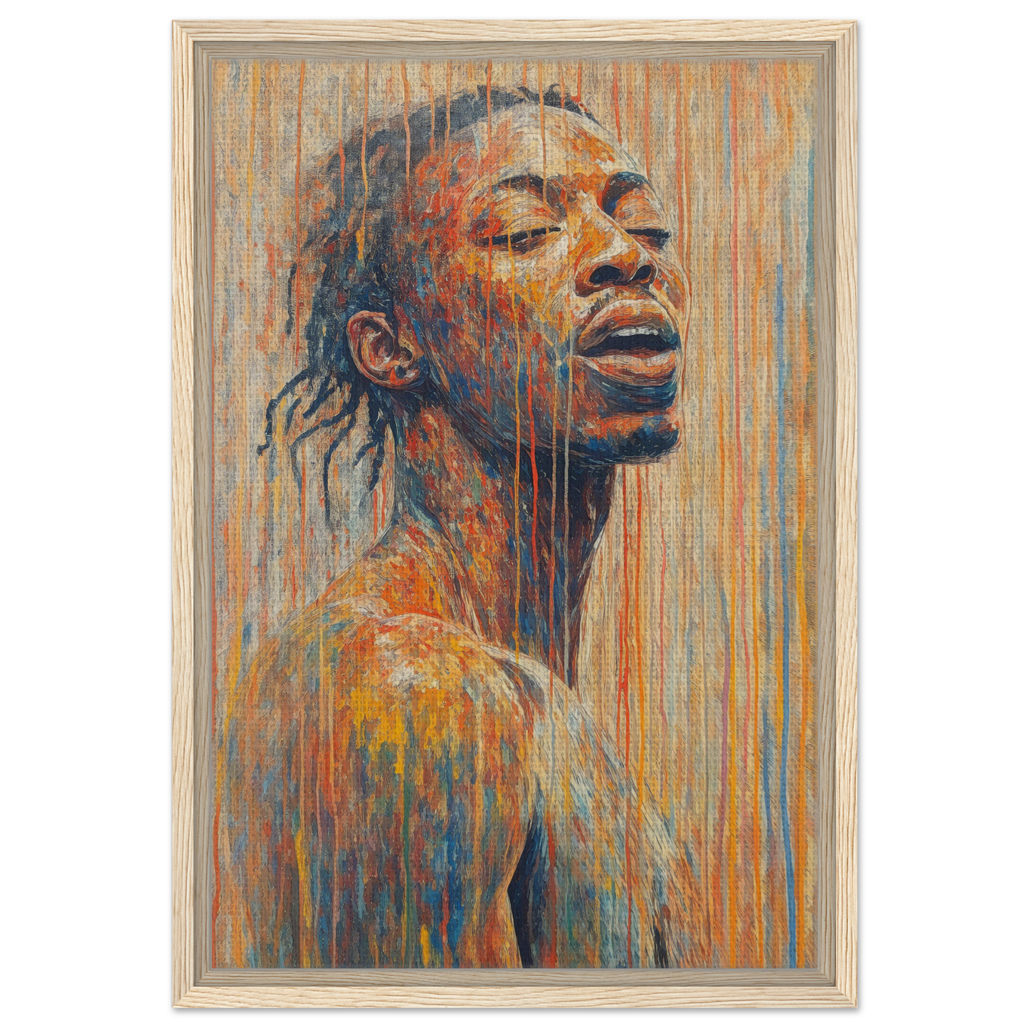 Portrait of a person with closed eyes in vibrant colors for Chromatic Reverie Unblinking modern framed wall decor