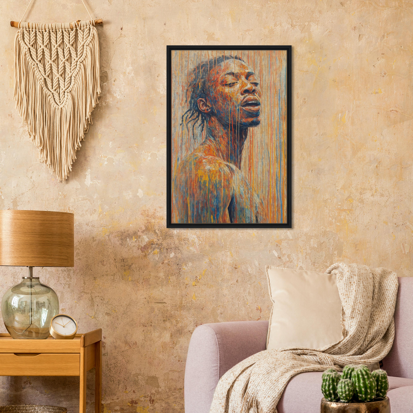 Colorful portrait in Chromatic Reverie Unblinking framed canvas print for modern walls