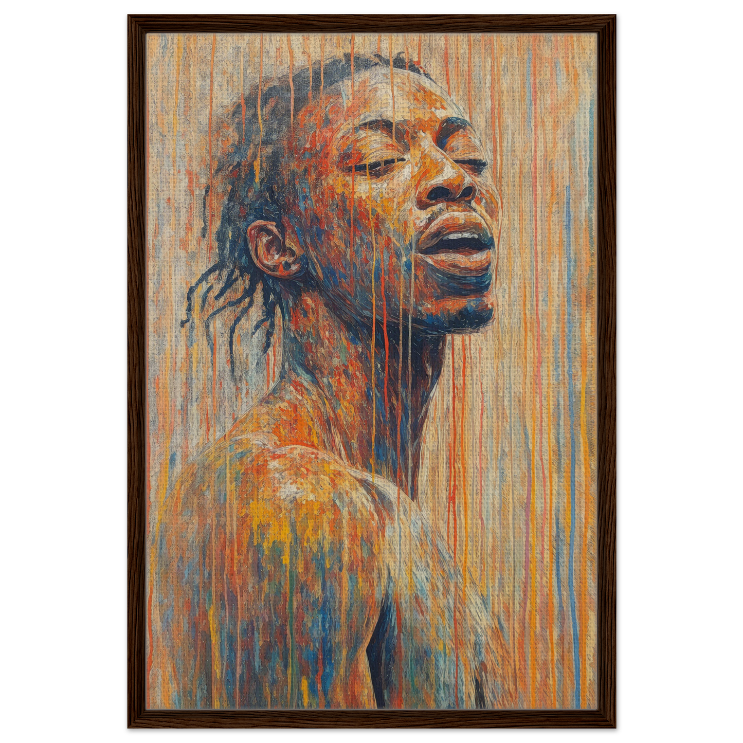 Vibrant portrait painting of a person in Chromatic Reverie Unblinking framed canvas print