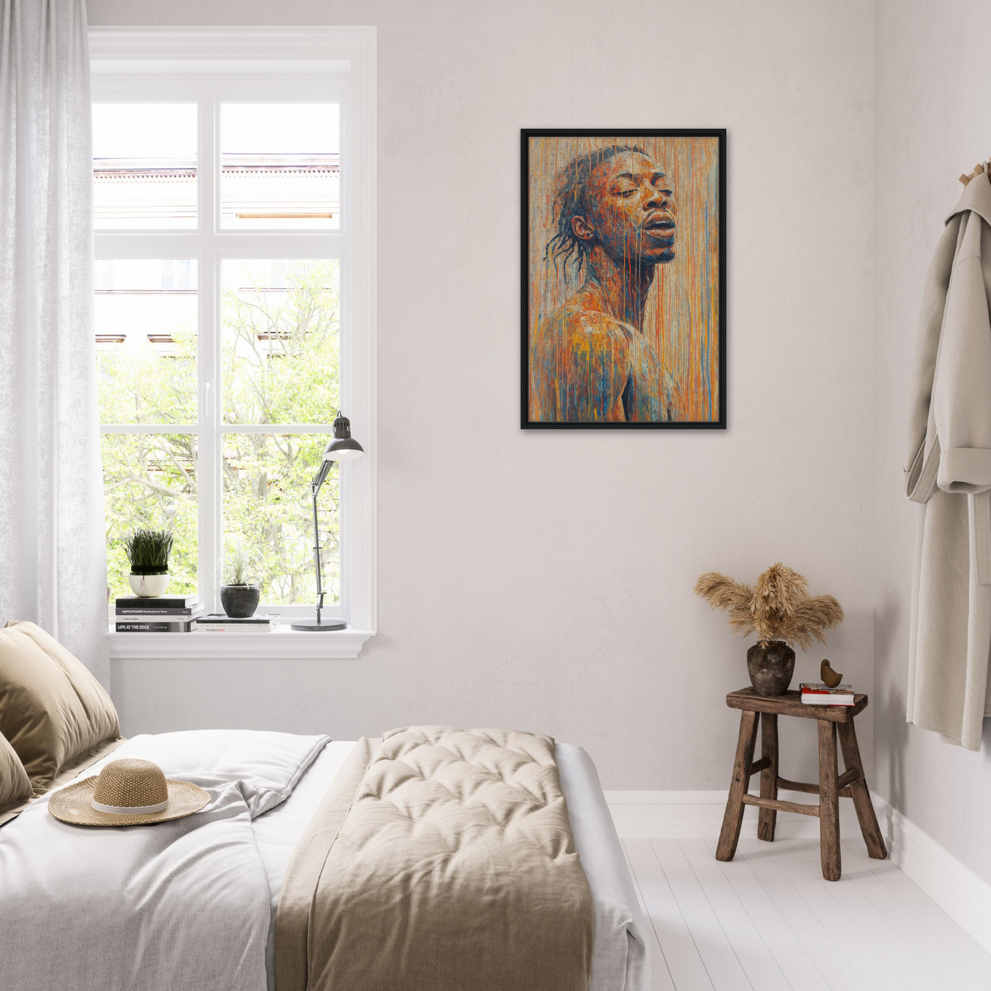 Bright, colorful portrait painting titled Chromatic Reverie Unblinking in wooden frame