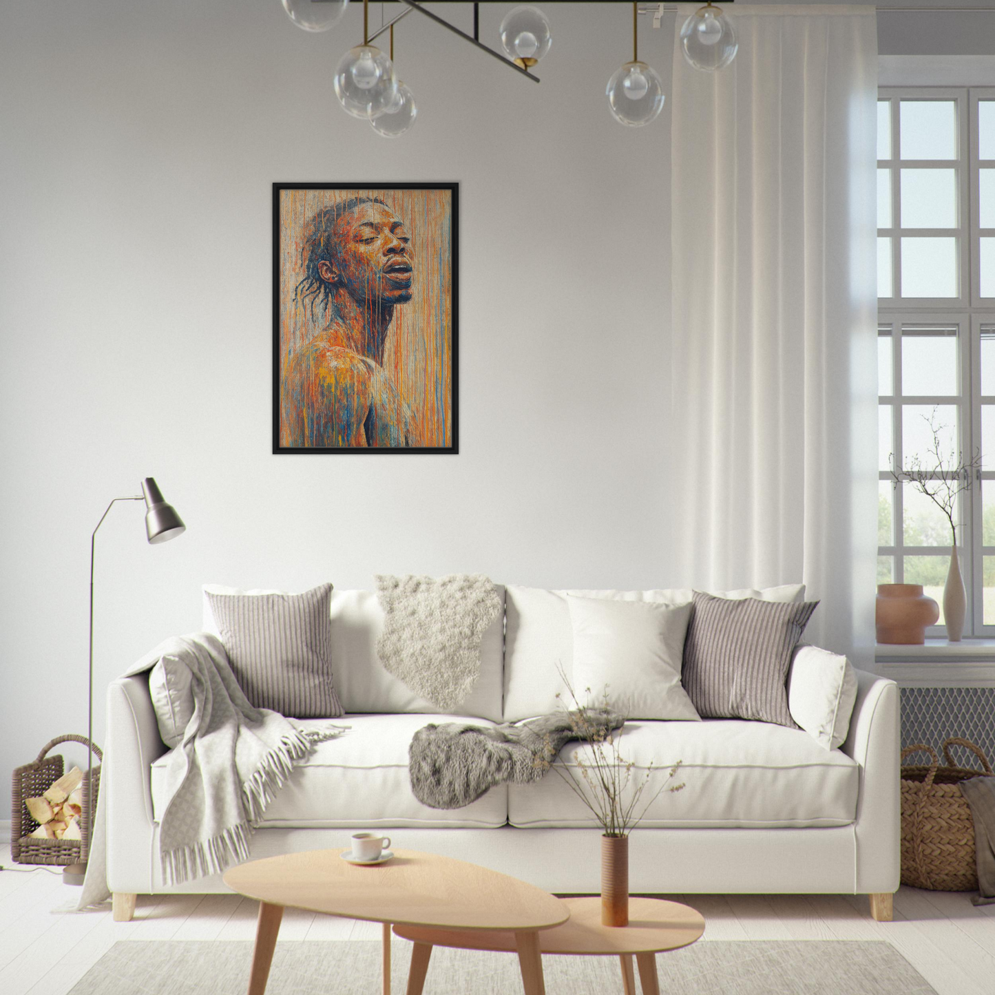 White sofa adorned with pillows and blankets in Chromatic Reverie Unblinking setting