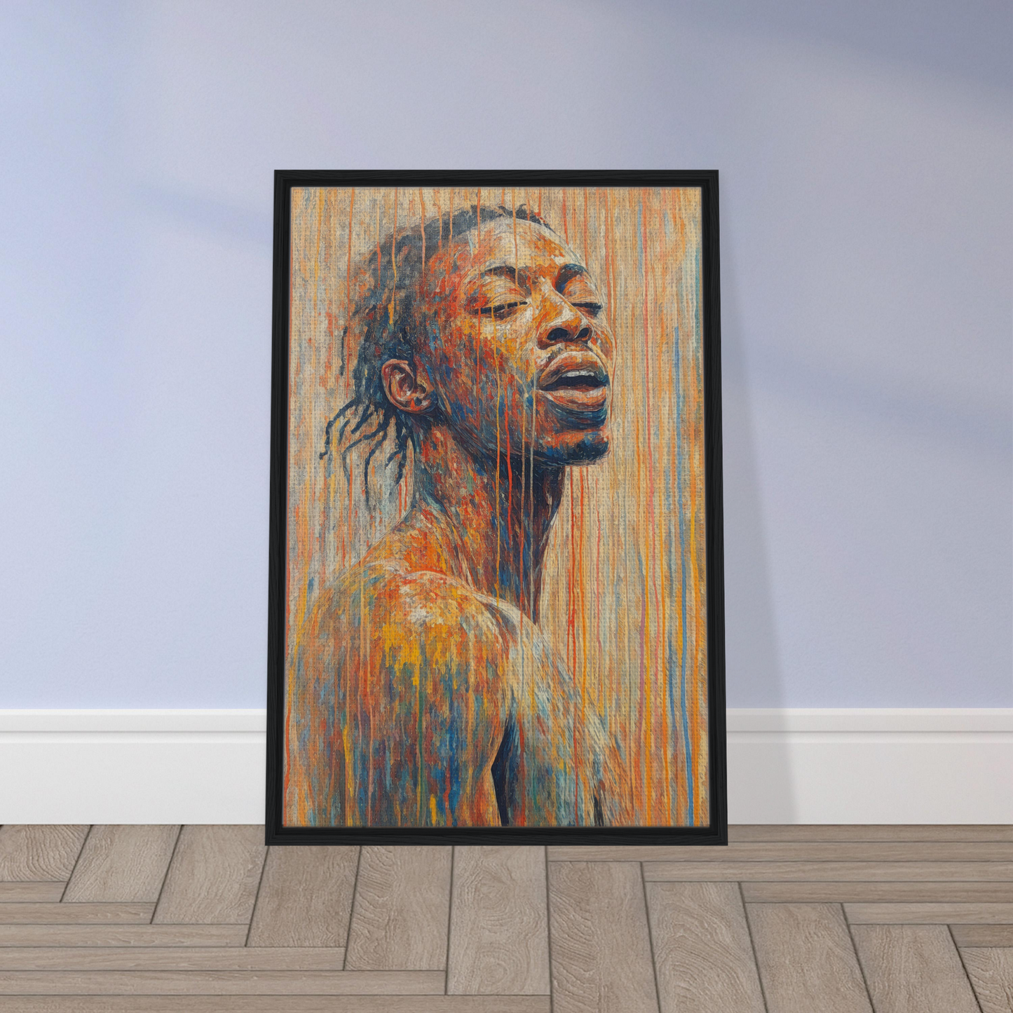 Framed canvas print of a person with closed eyes in Chromatic Reverie Unblinking