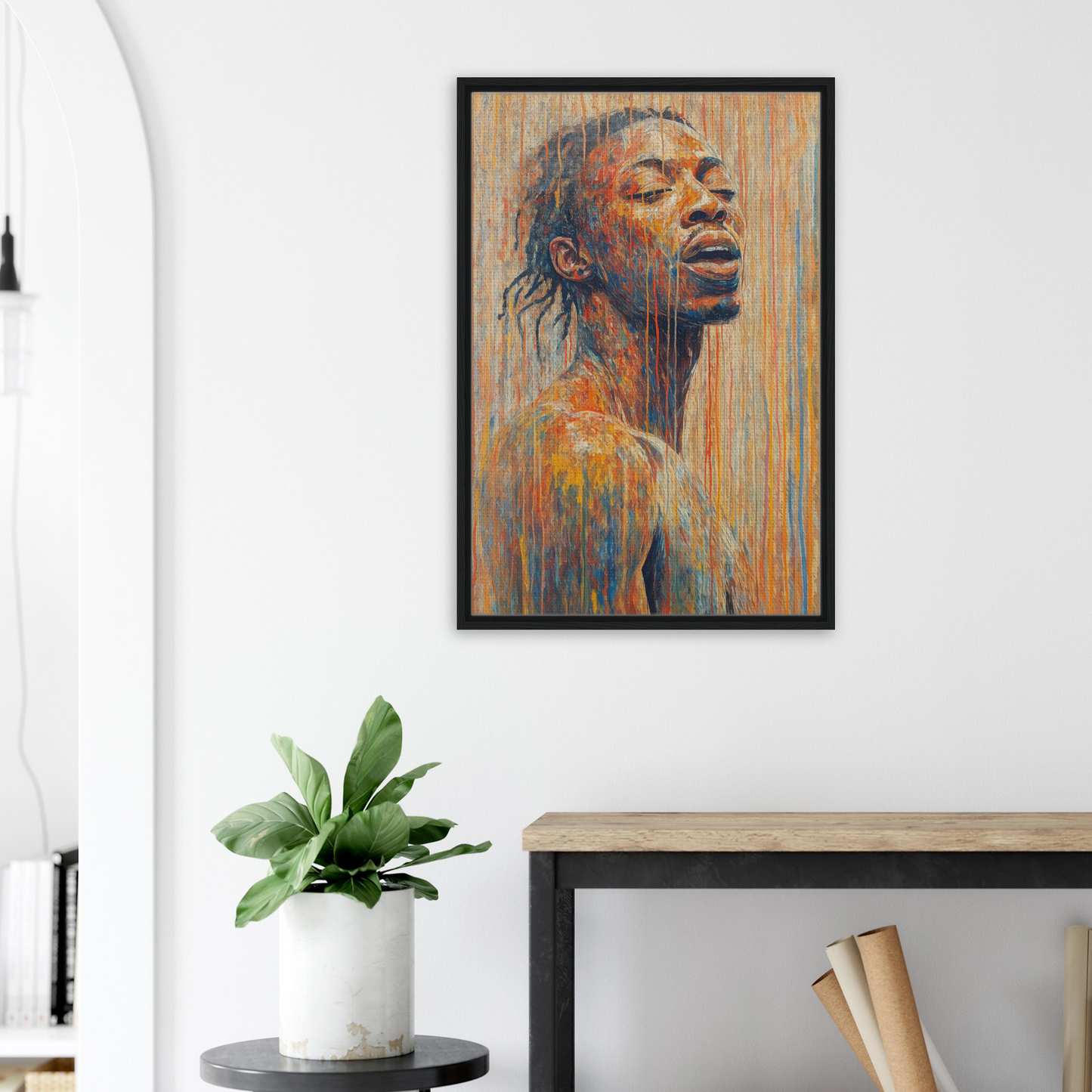 Colorful portrait in Chromatic Reverie Unblinking on framed canvas print with water streams