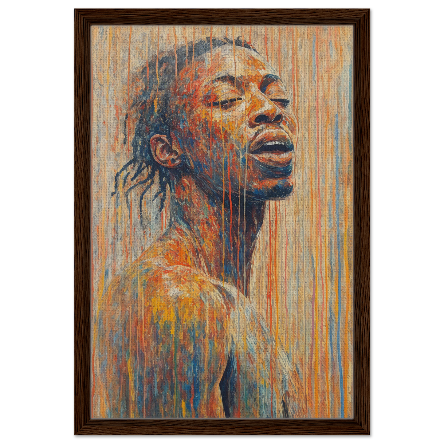 Portrait painting titled Chromatic Reverie Unblinking, ideal for modern framed wall decor