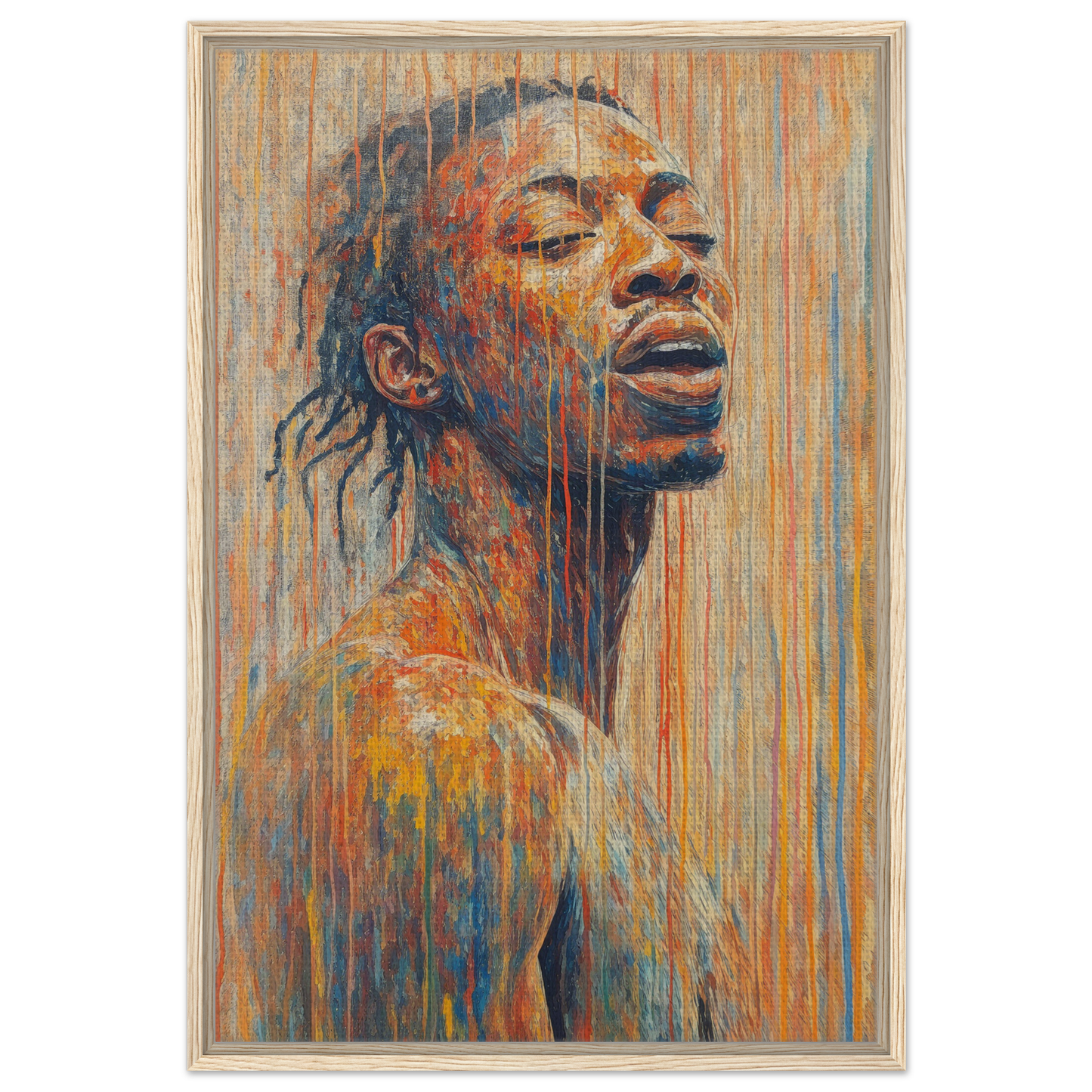 Vibrant portrait painting of a person in Chromatic Reverie Unblinking for modern room decor