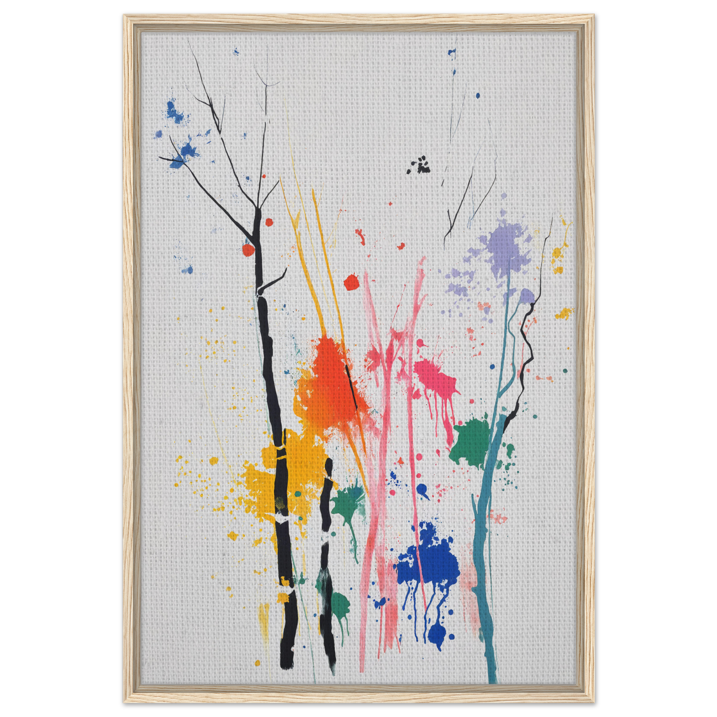 Abstract painting of colorful splatters and lines, ideal for Chromatic Zen Arborjeta room decor
