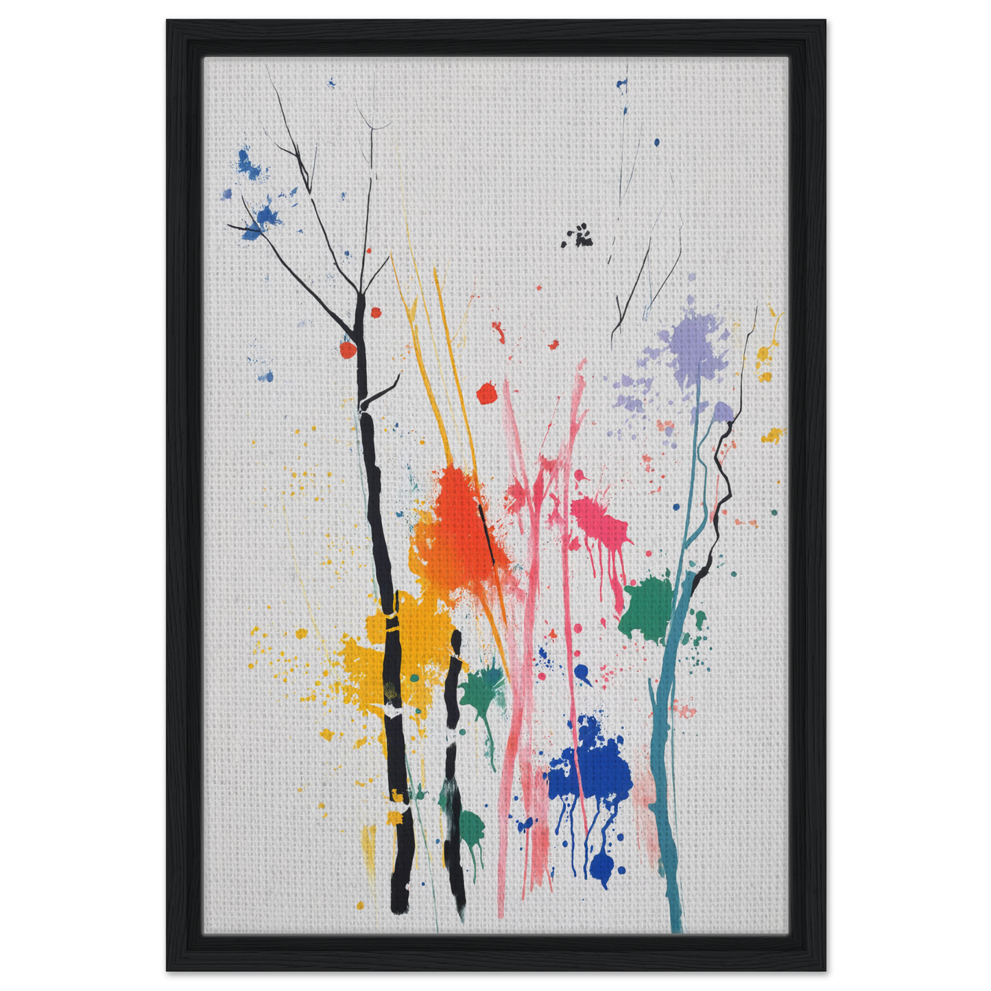 Abstract painting of colorful splatters and vertical lines on a Chromatic Zen Arborjeta