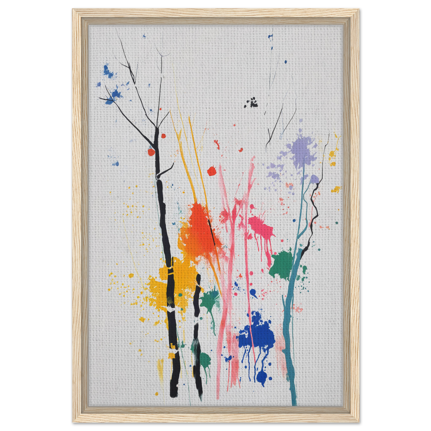 Abstract painting with colorful splashes and tree-like forms on a light background, Chromatic Zen Arborjeta