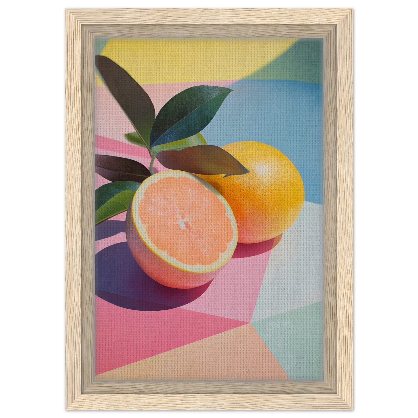 Colorful Citrus Kaleidoscope Medley painting with leaves in light wooden frame for room decor