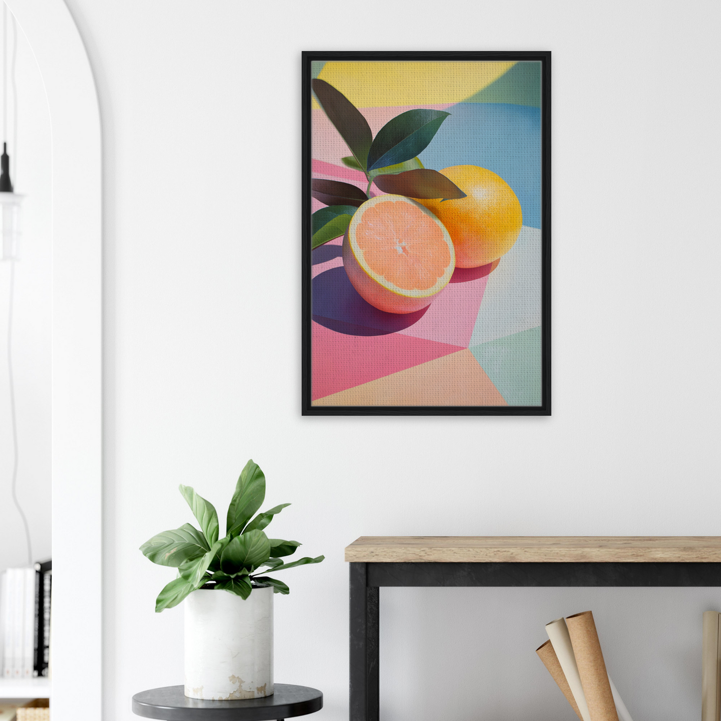 Framed canvas print of colorful abstract citrus kaleidoscope medley with leaves