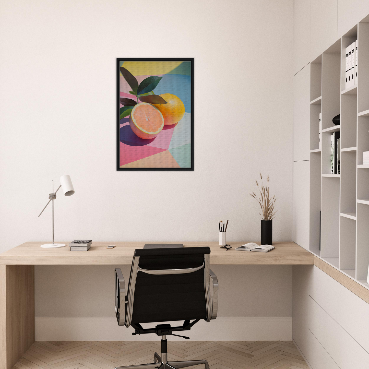Minimalist home office workspace featuring Citrus Kaleidoscope Medley framed canvas print