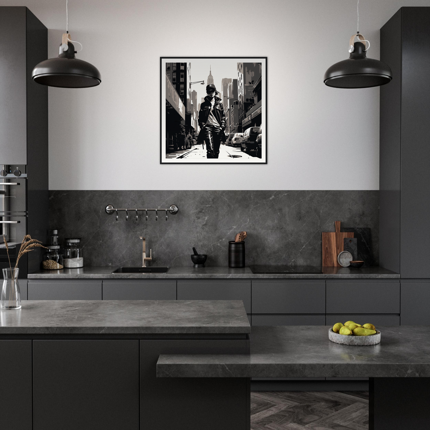 Stylish dark gray kitchen with urban elegance and museum-quality framed cityscape art