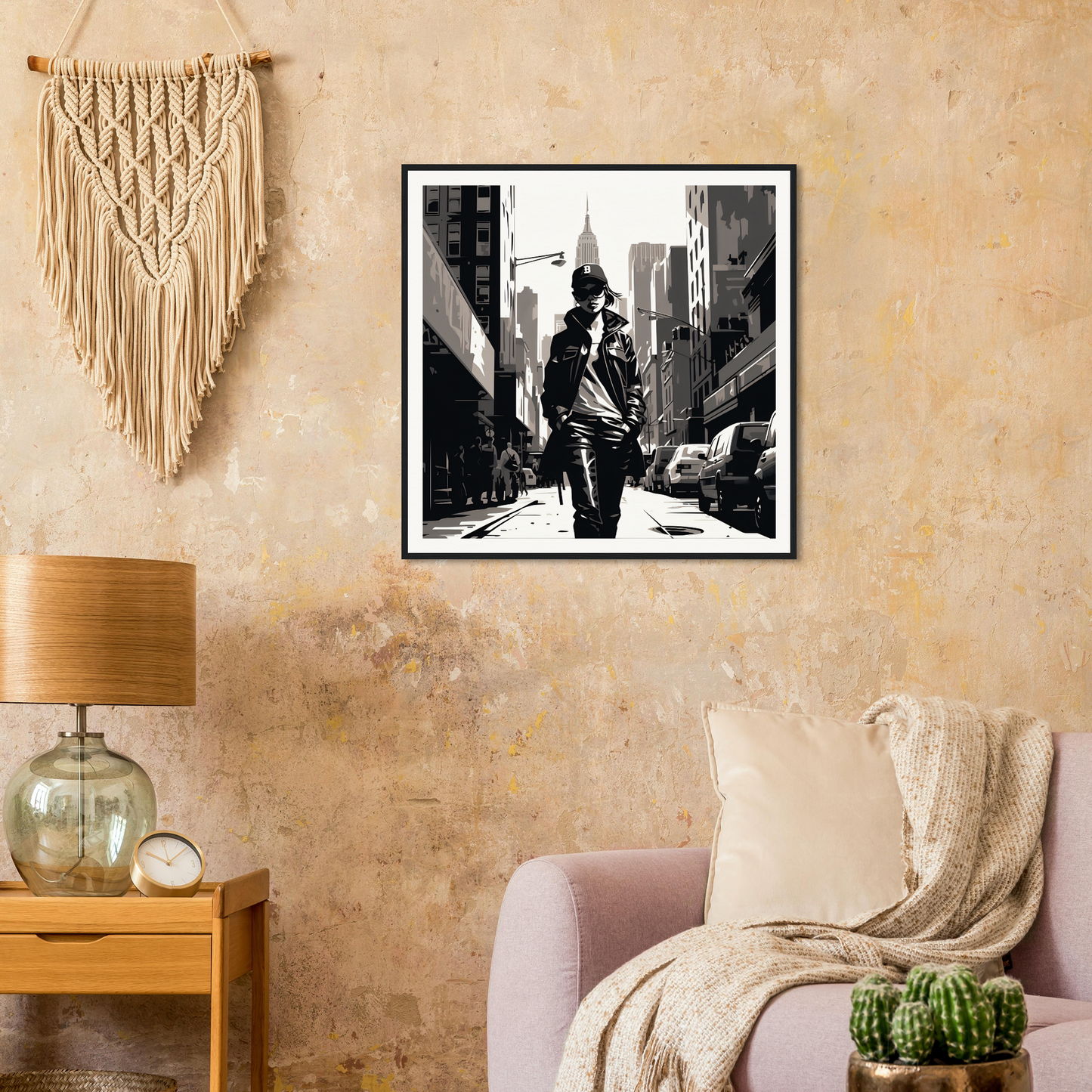 Framed black and white photo on wall, showcasing urban elegance in City Stroll Bliss