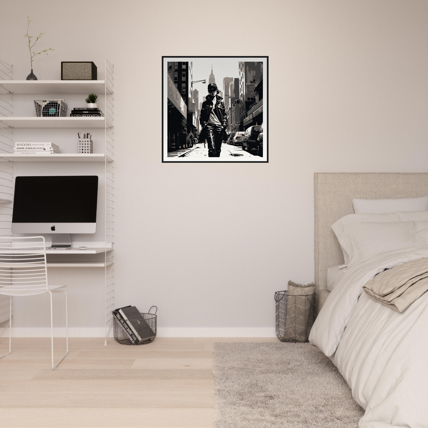 Minimalist bedroom with urban elegance, featuring City Stroll Bliss art and iMac setup