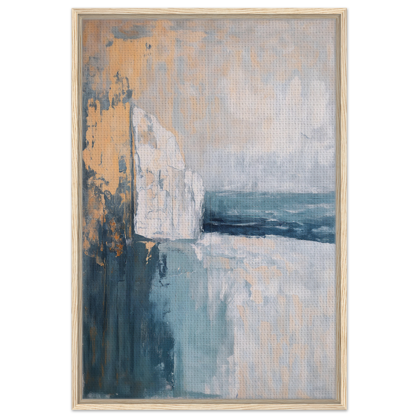 Abstract painting in muted blue, white, and yellow tones from Cliffside Serenity Explored