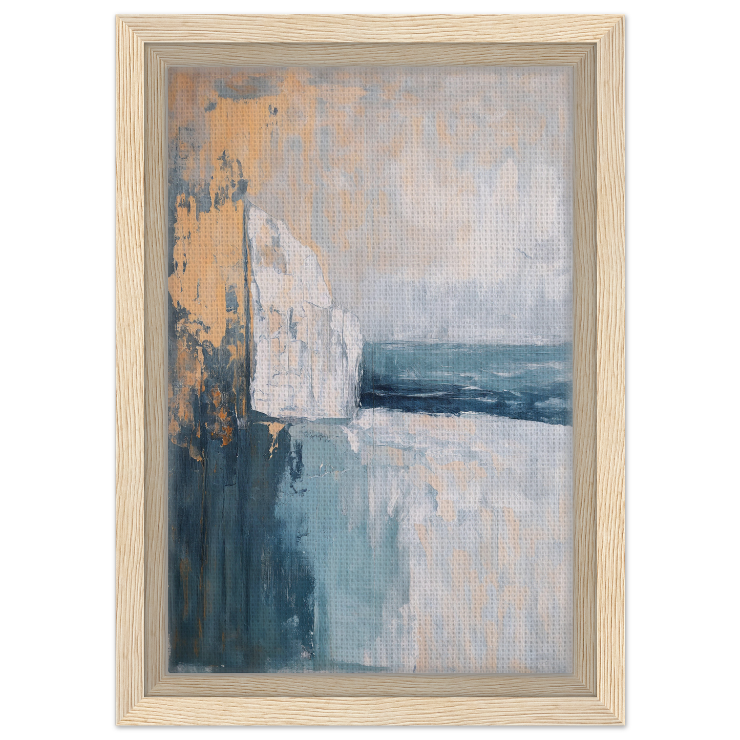 Abstract painting in muted blue, white, and gold tones for Cliffside Serenity Explored room decor