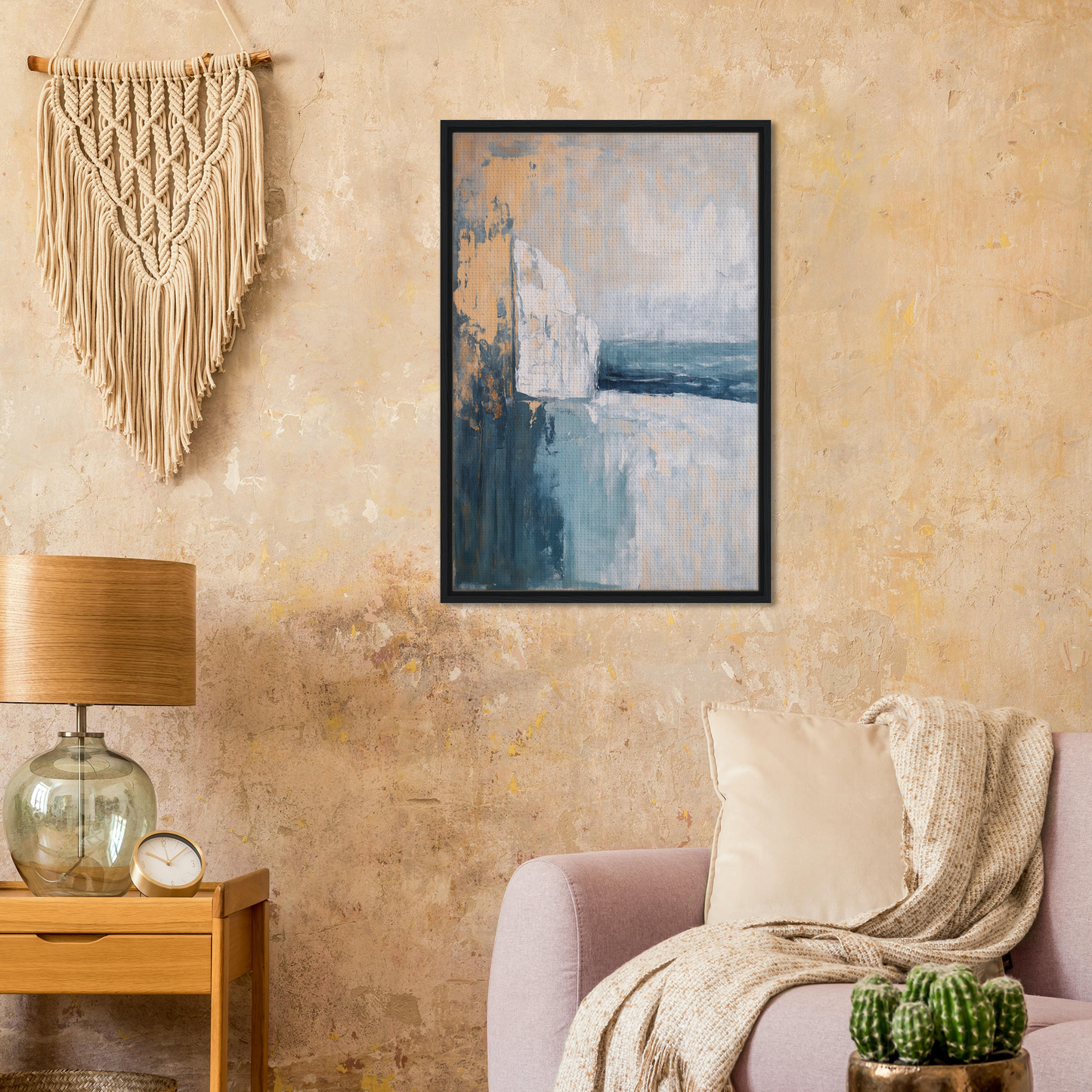 Framed abstract painting in muted blue and white for Cliffside Serenity Explored room decor