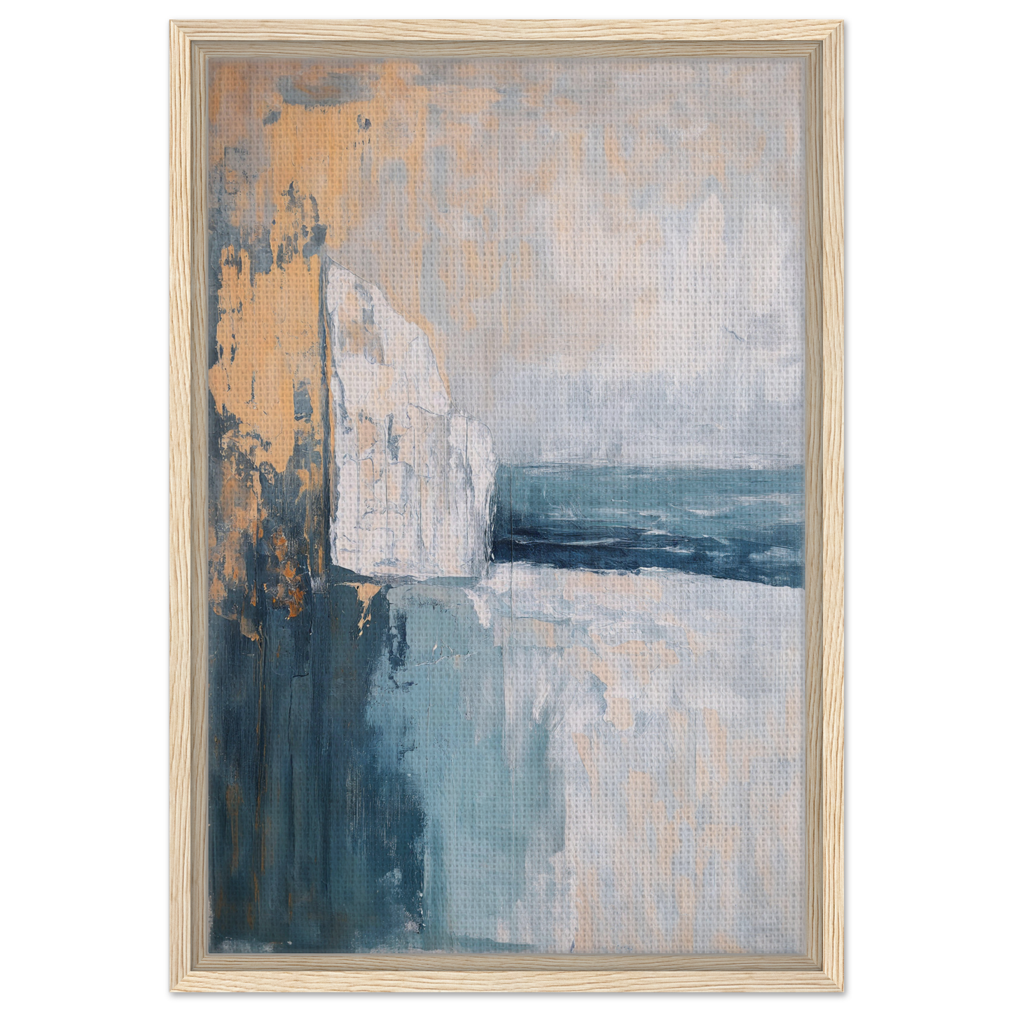 Abstract painting of muted blue and gray tones evoking cliffside serenity explored for room decor