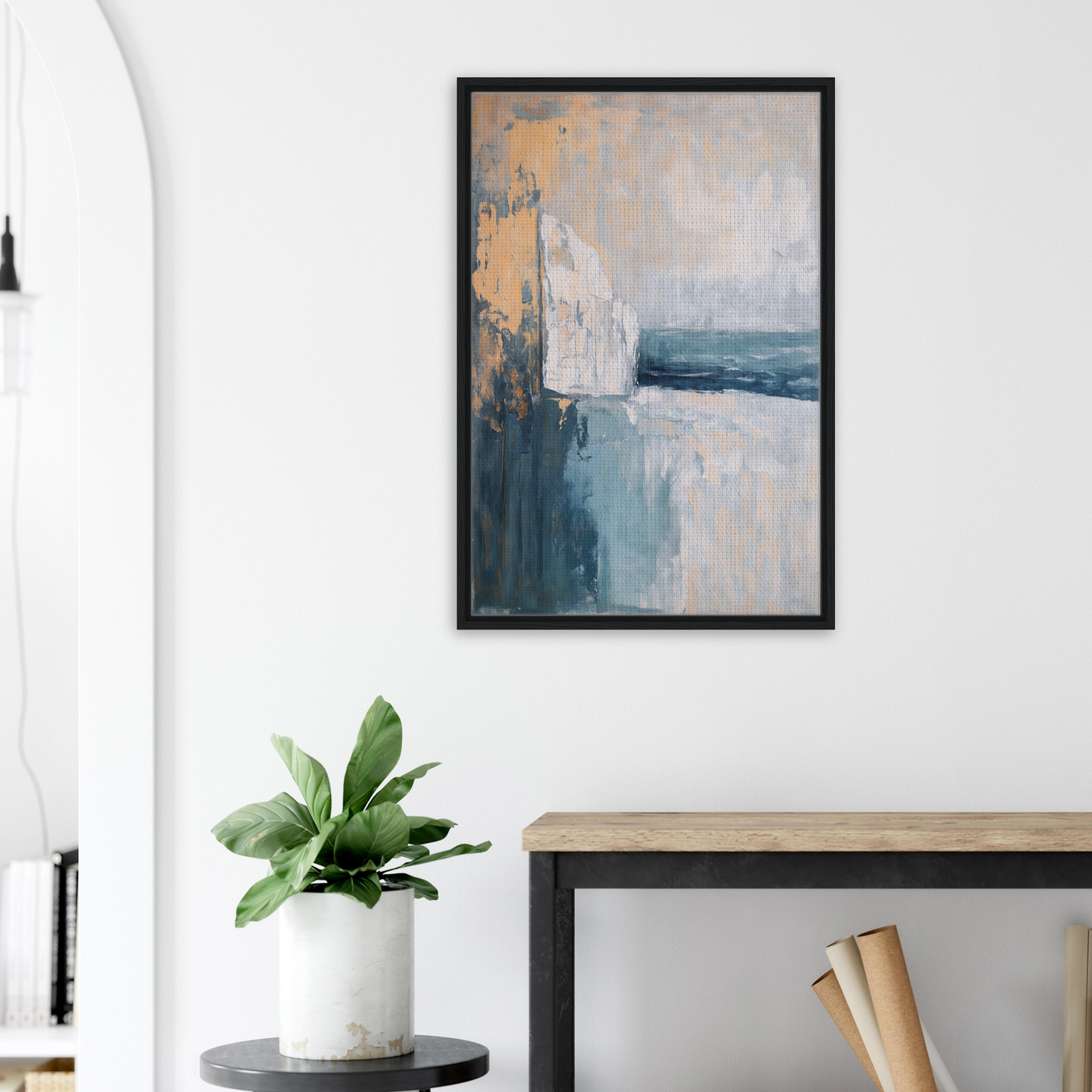 Abstract painting in muted blue, gray, and beige tones, framed canvas print Cliffside Serenity Explored