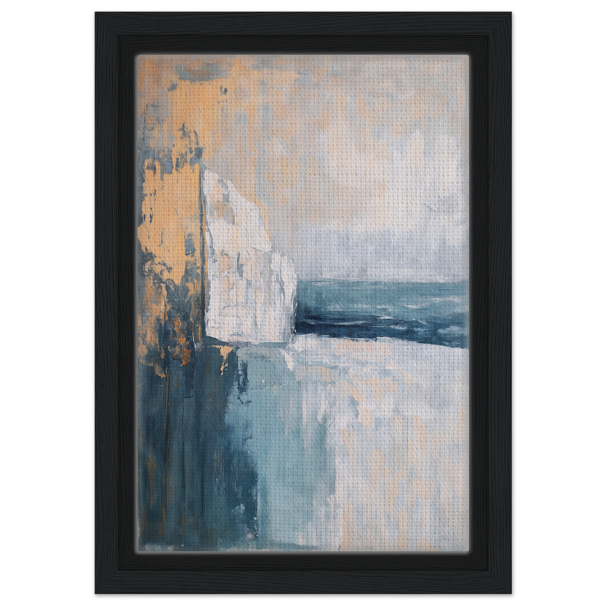 Abstract painting in muted blue, gray, and beige tones for Cliffside Serenity Explored room decor