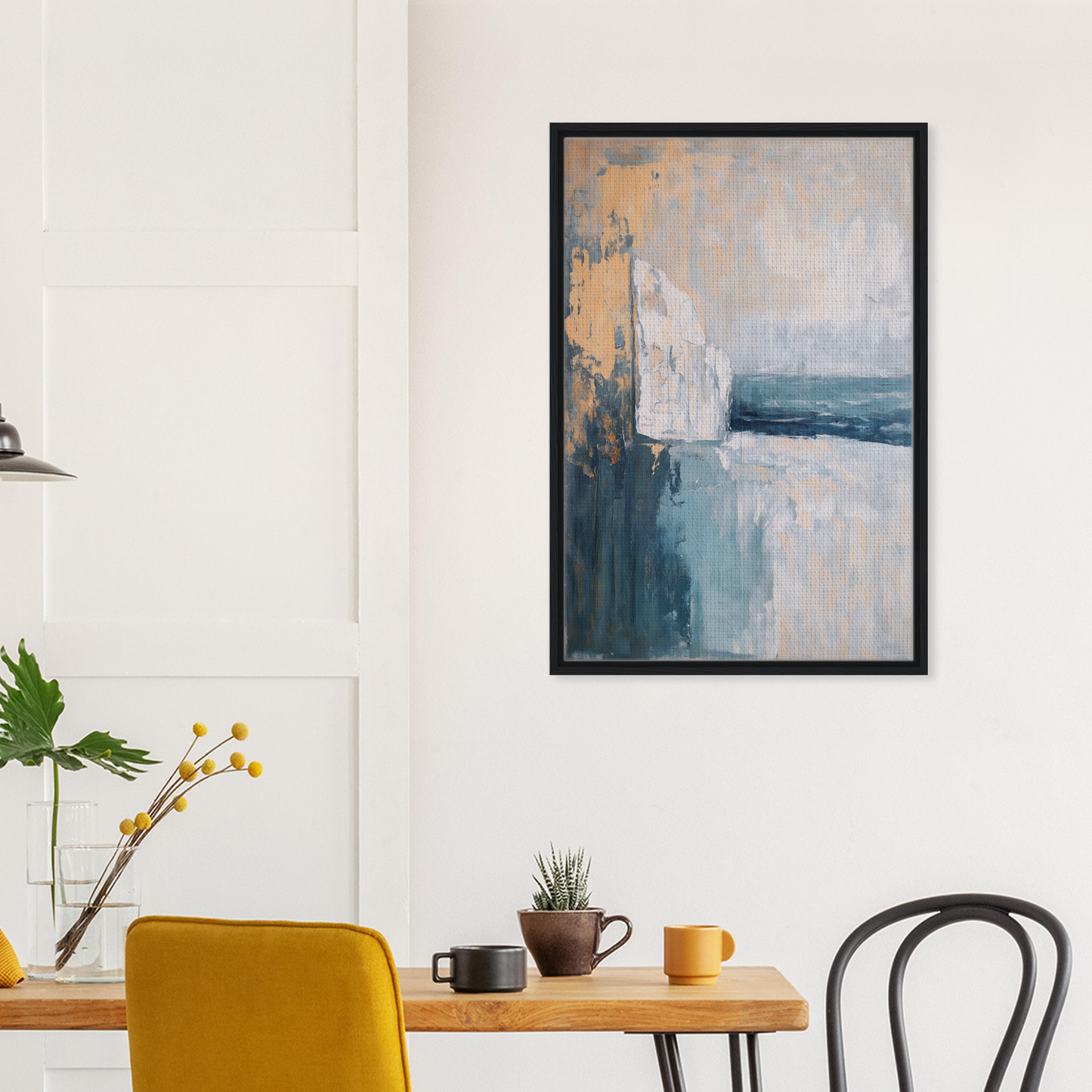 Abstract painting in muted blue, gray, and gold tones, framed canvas print for Cliffside Serenity Explored