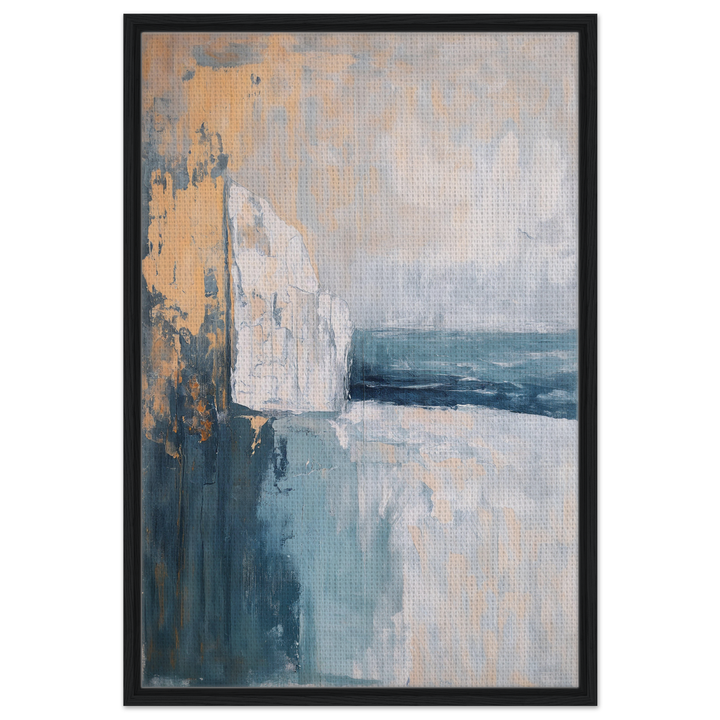 Abstract painting in muted blue, white, and yellow tones for Cliffside Serenity Explored