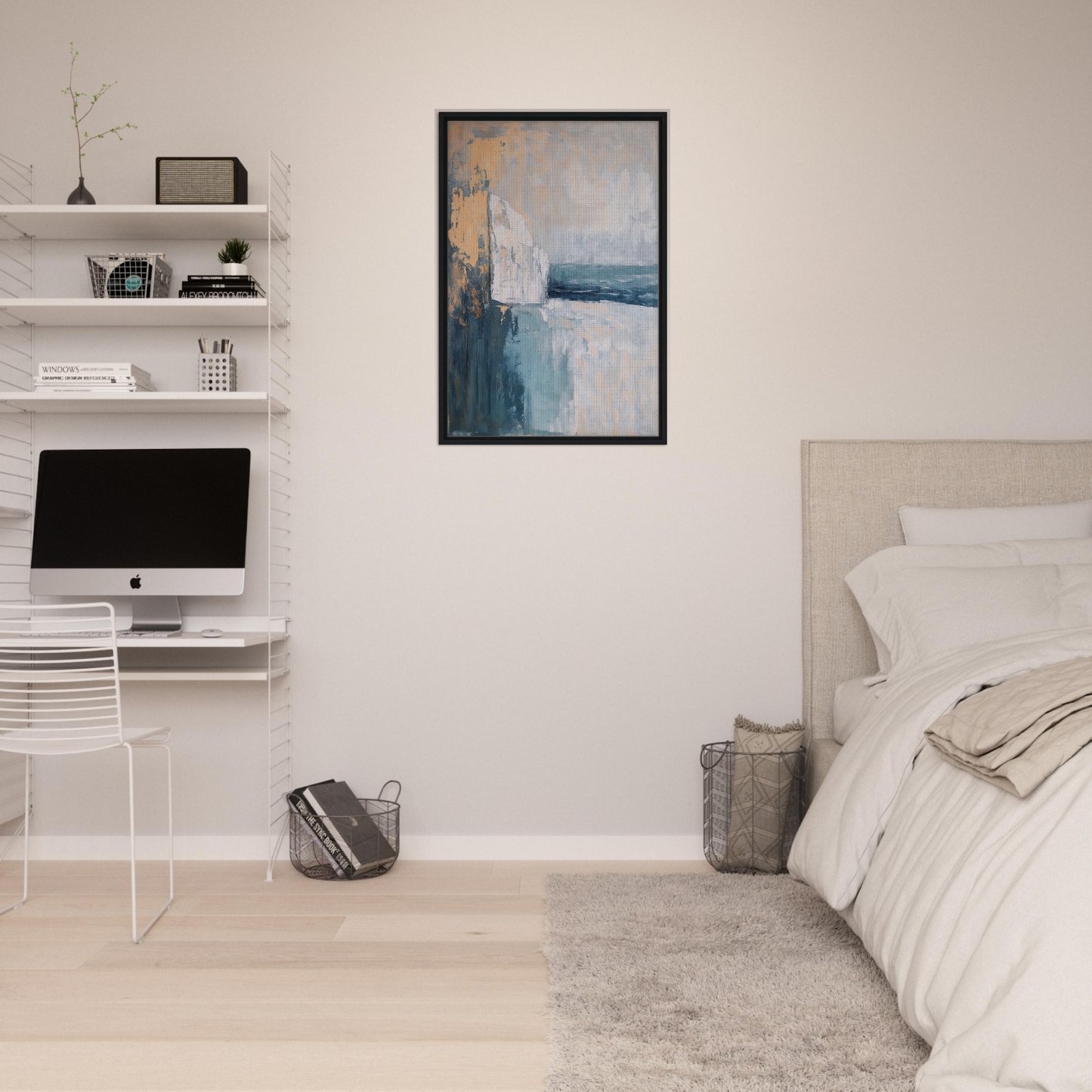 Minimalist bedroom design in Cliffside Serenity Explored featuring white walls and abstract art