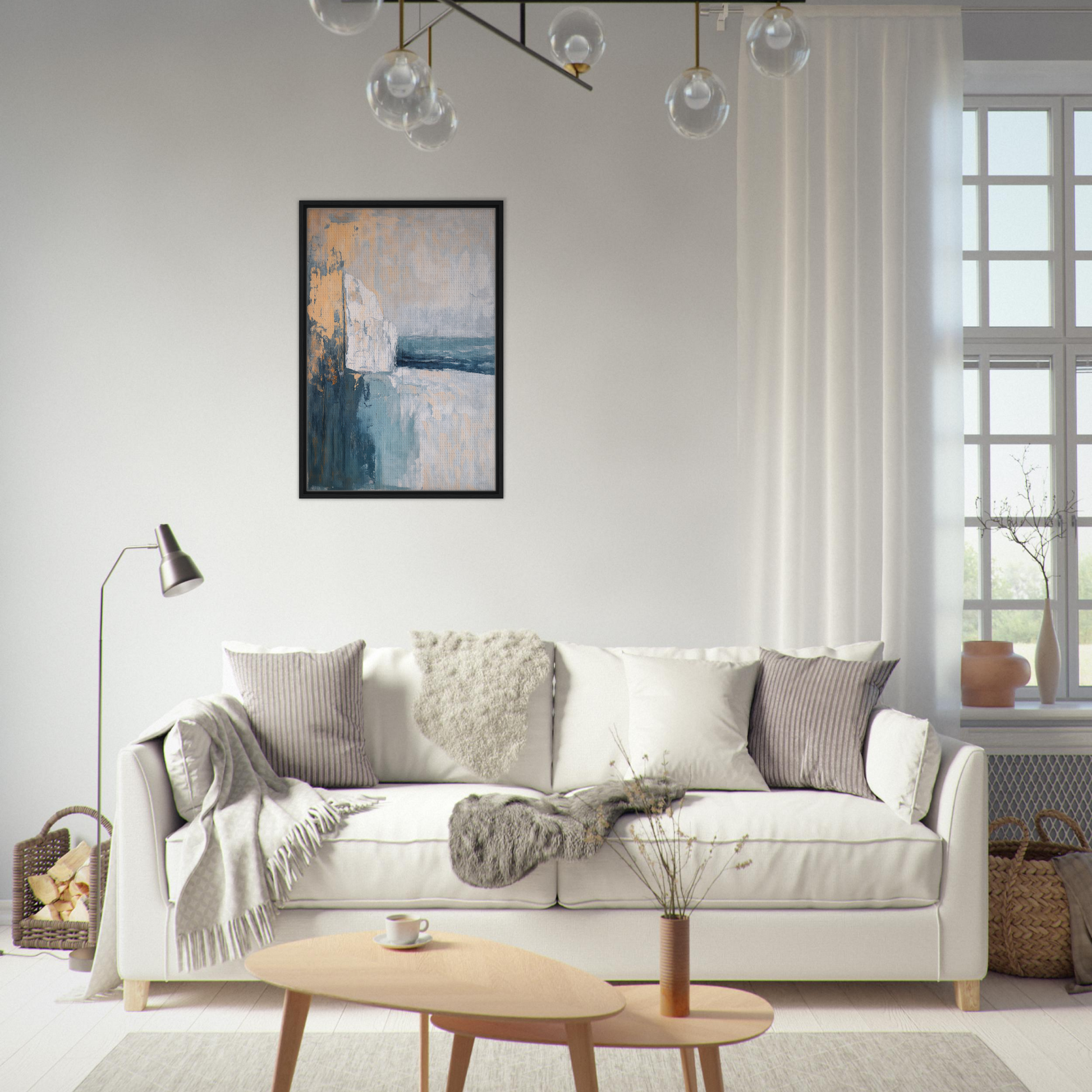 White sofa adorned with throw pillows and blankets in Cliffside Serenity Explored design