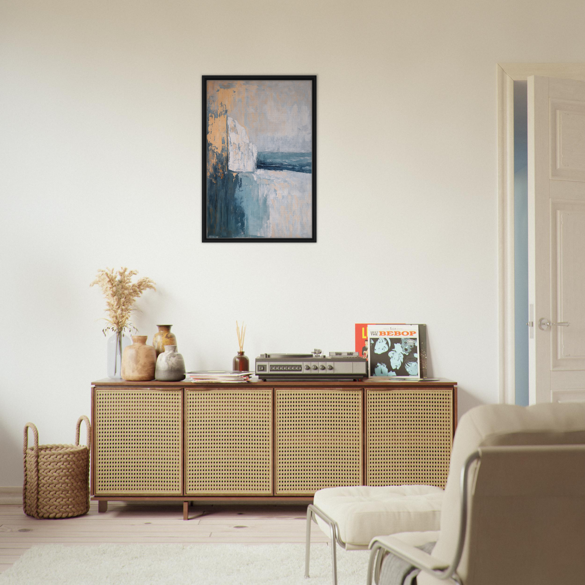 Wooden sideboard with cane-webbed doors in Cliffside Serenity Explored decor setting