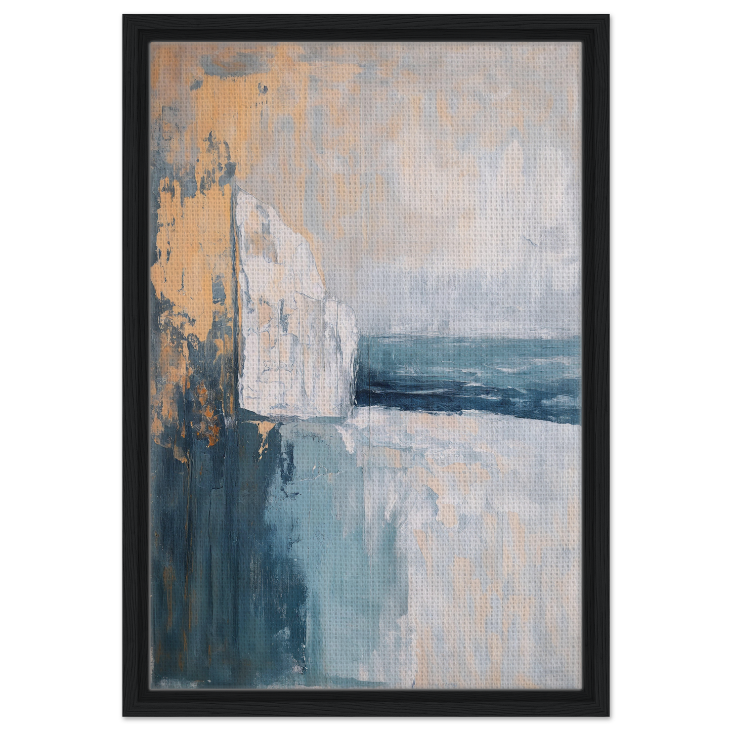 Abstract painting of muted blue, gray, and beige tones in Cliffside Serenity Explored room decor