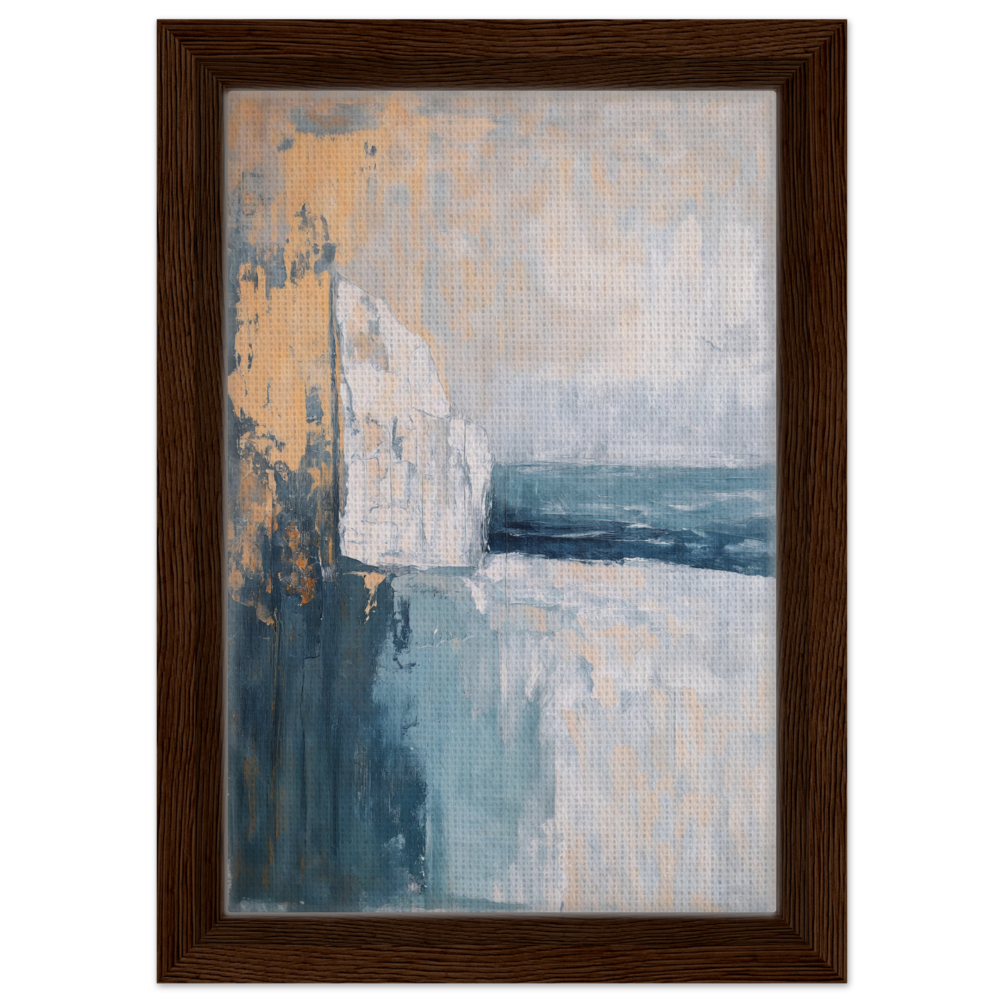 Abstract painting in blue, white, and beige tones for Cliffside Serenity Explored framed canvas print