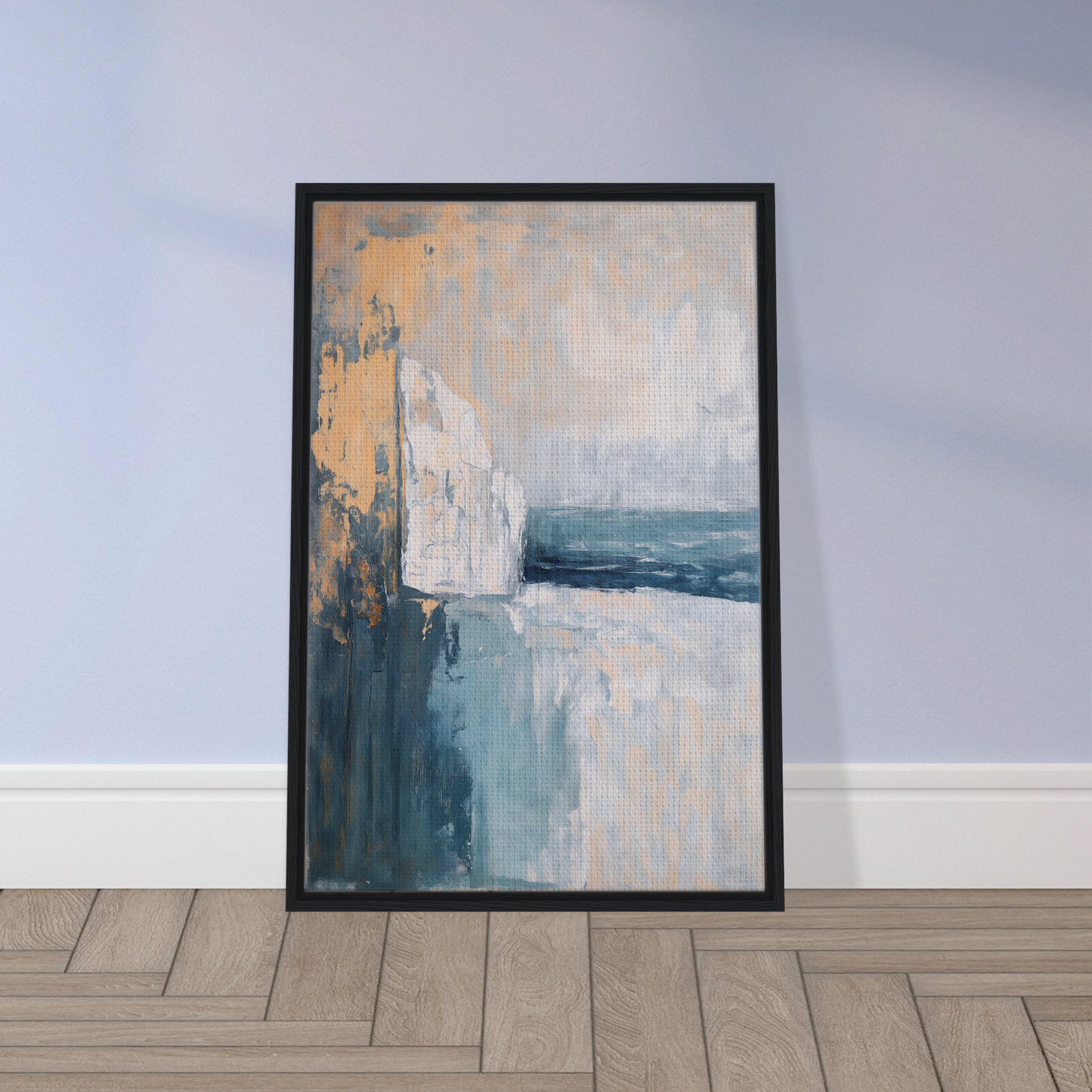Abstract painting in muted blue, white, and yellow tones for Cliffside Serenity Explored framed canvas print