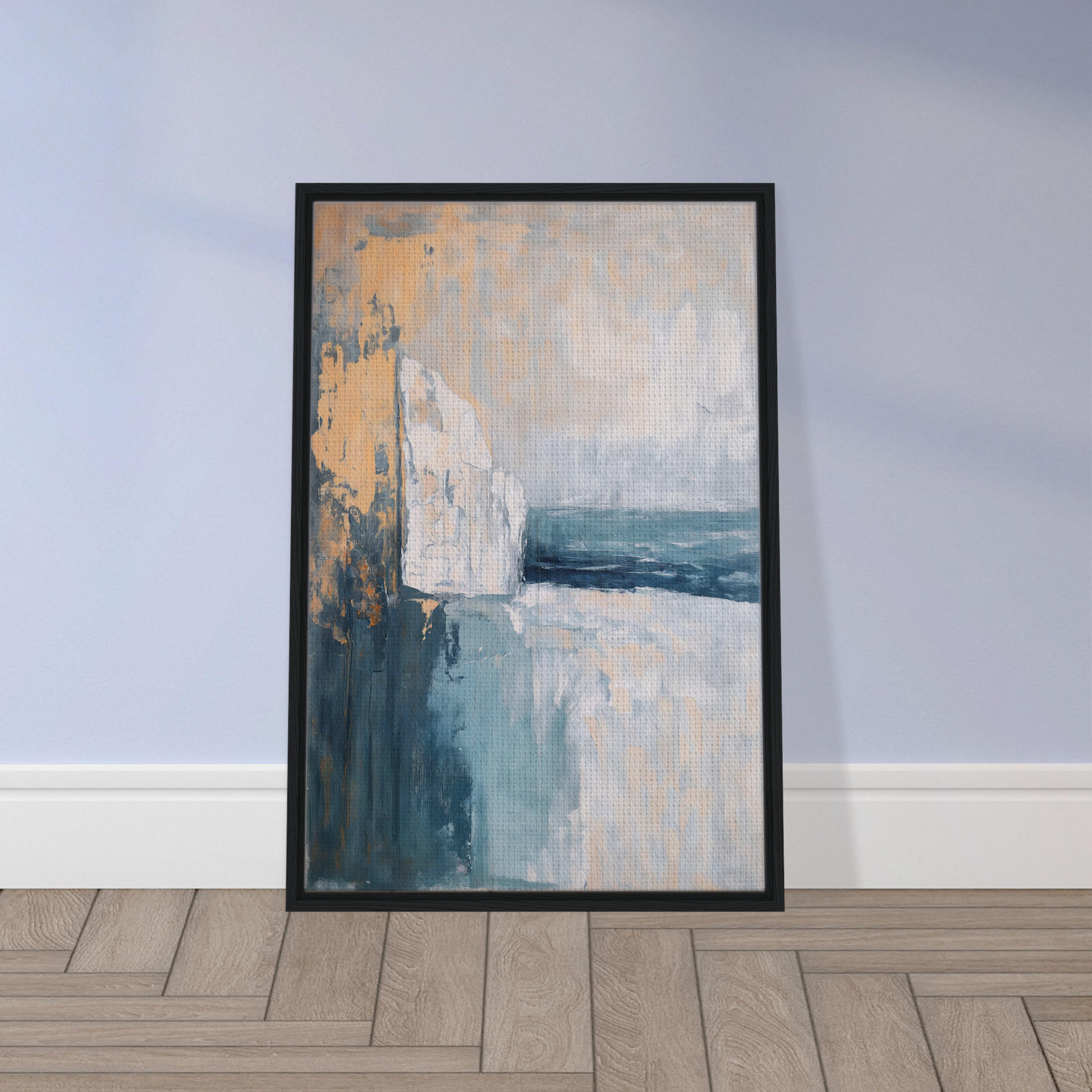 Abstract painting in muted blue, white, and yellow tones for Cliffside Serenity Explored framed canvas print