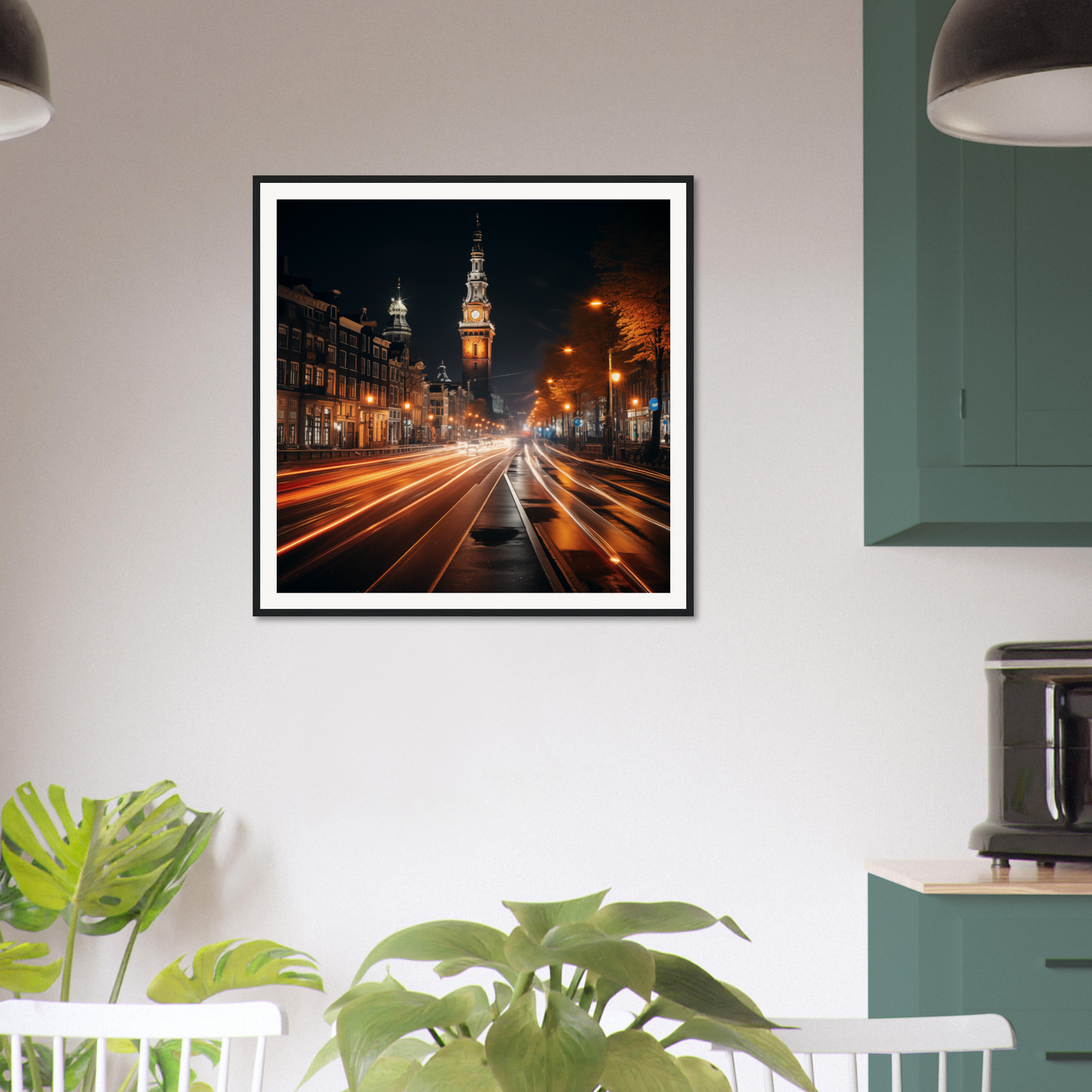 Framed poster of Clockwork City Glow with night light trails and a clock tower