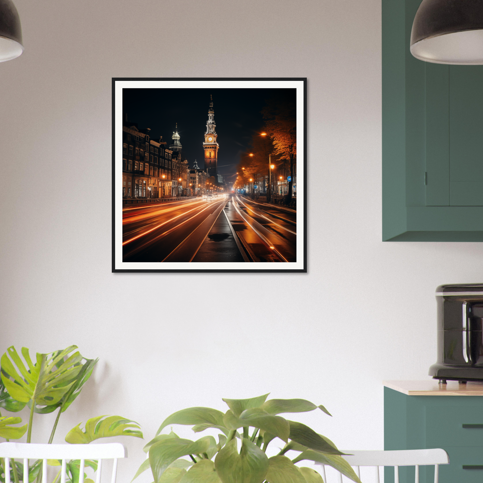 Framed poster of Clockwork City Glow with night light trails and a clock tower