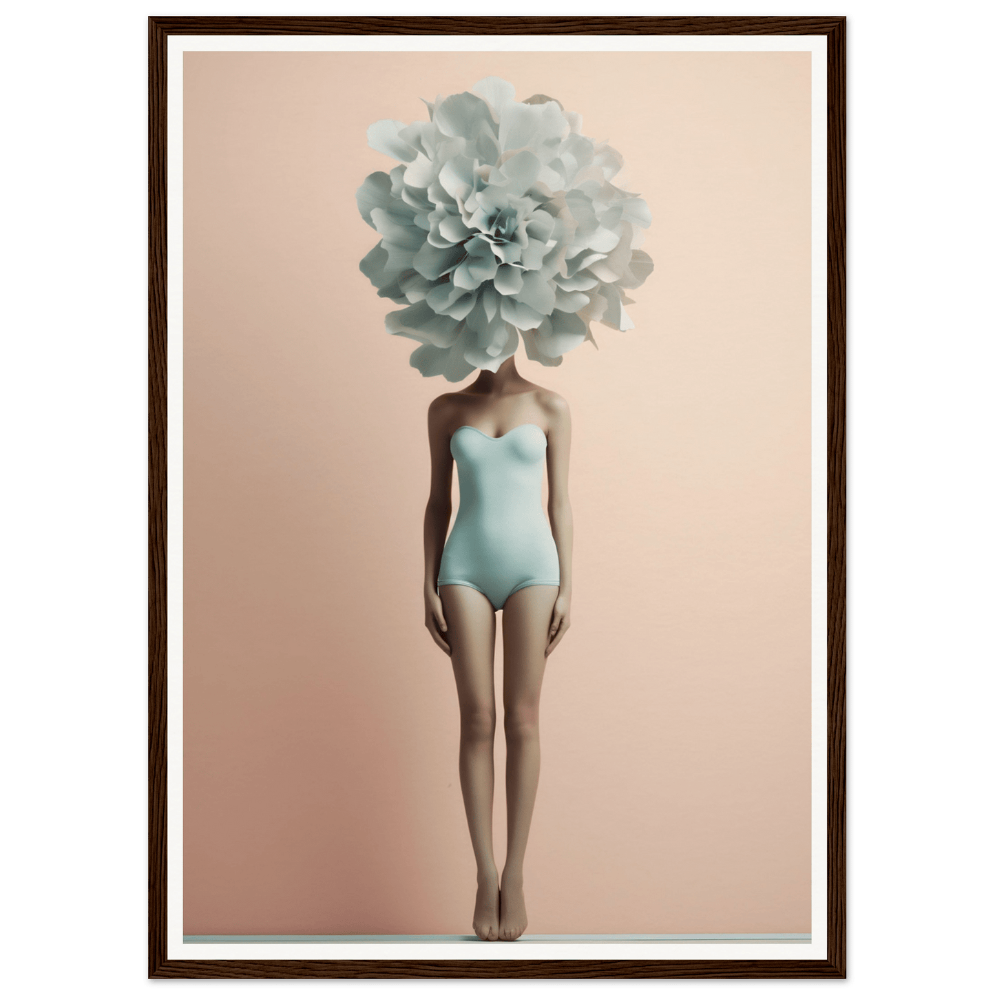 Surreal figure with a pale blue flower bloom in place of a head, wearing a matching blue swimsuit.