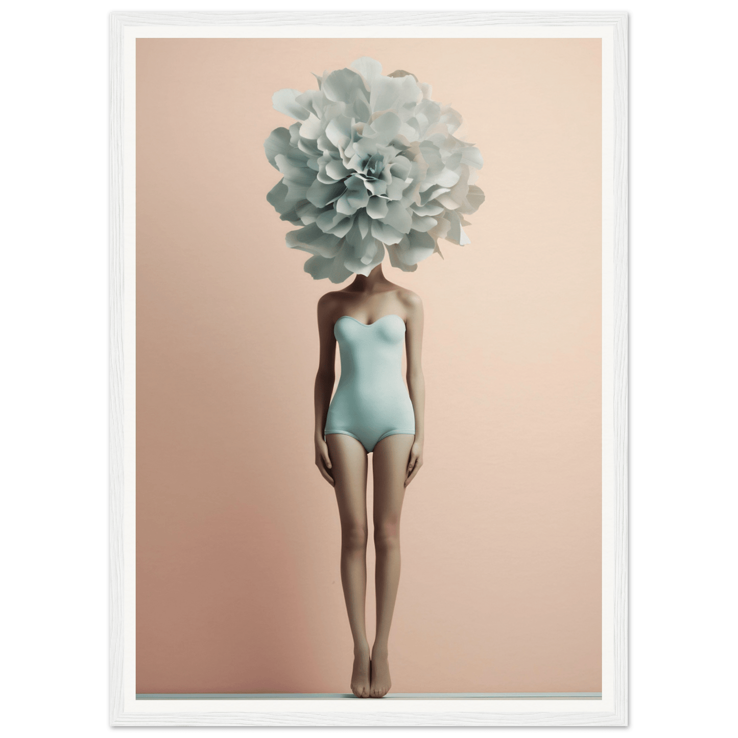 Female figure in a pale blue swimsuit with a large mint green flower in place of a head.