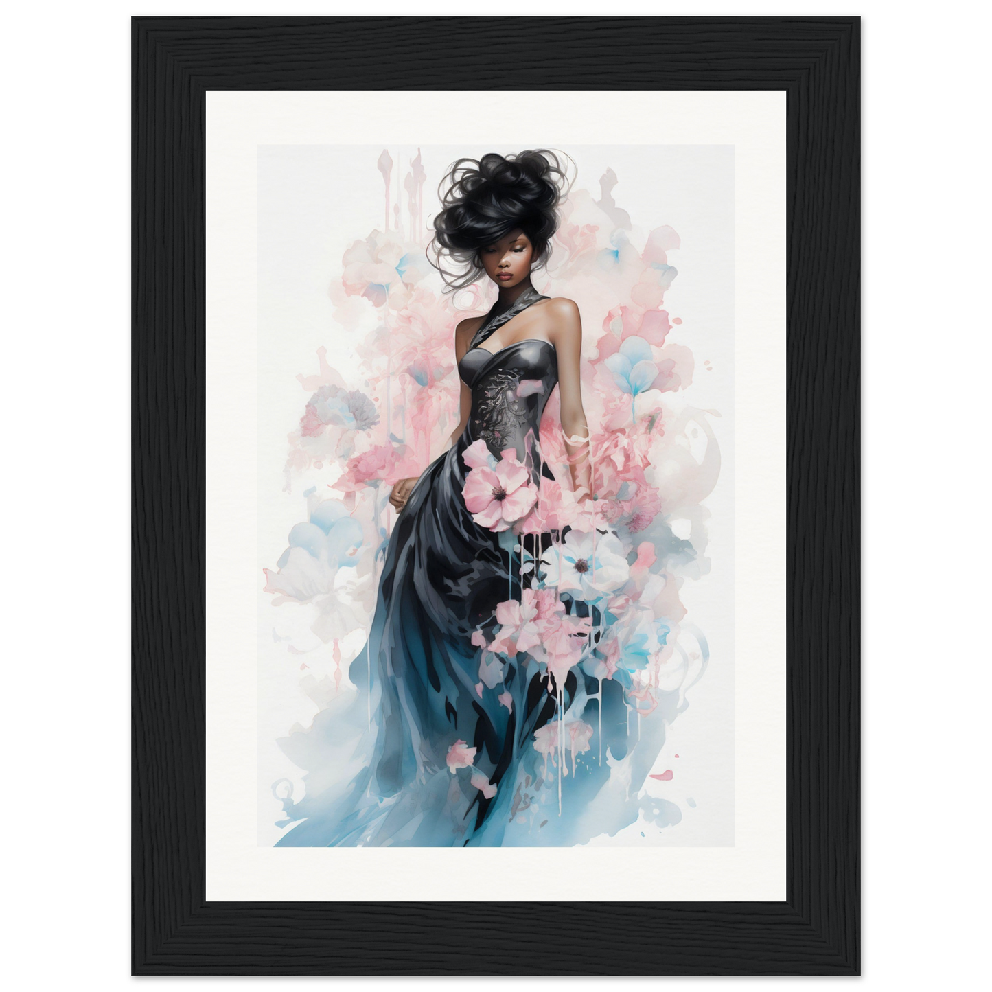 Elegant watercolor painting of a woman in a flowing gown with floral elements.