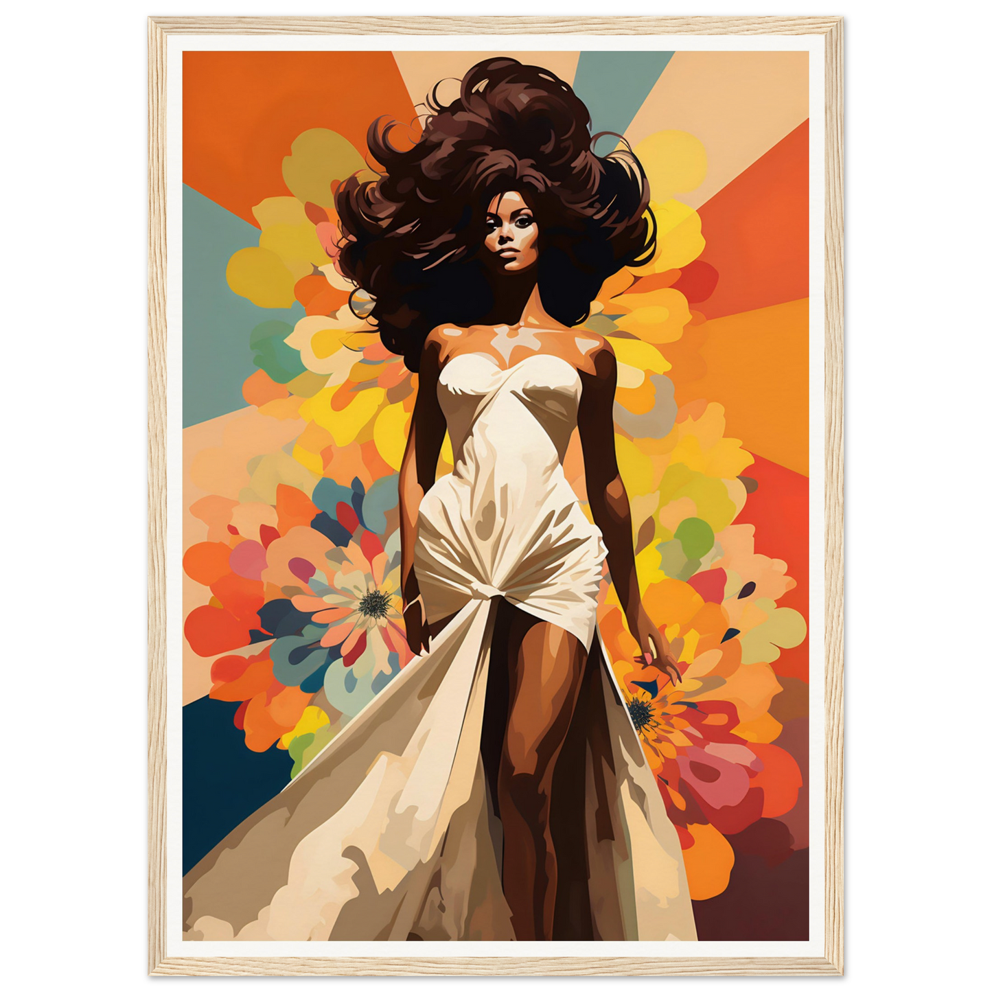 Stylized painting of a woman with flowing dark hair in a white dress against a colorful background.