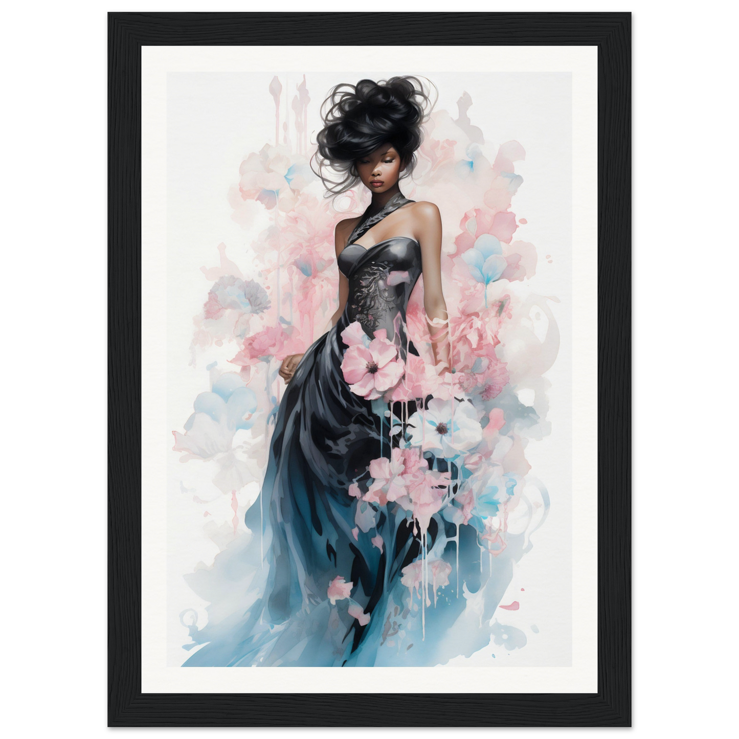 Elegant woman in a flowing blue-gray gown adorned with pink floral elements.