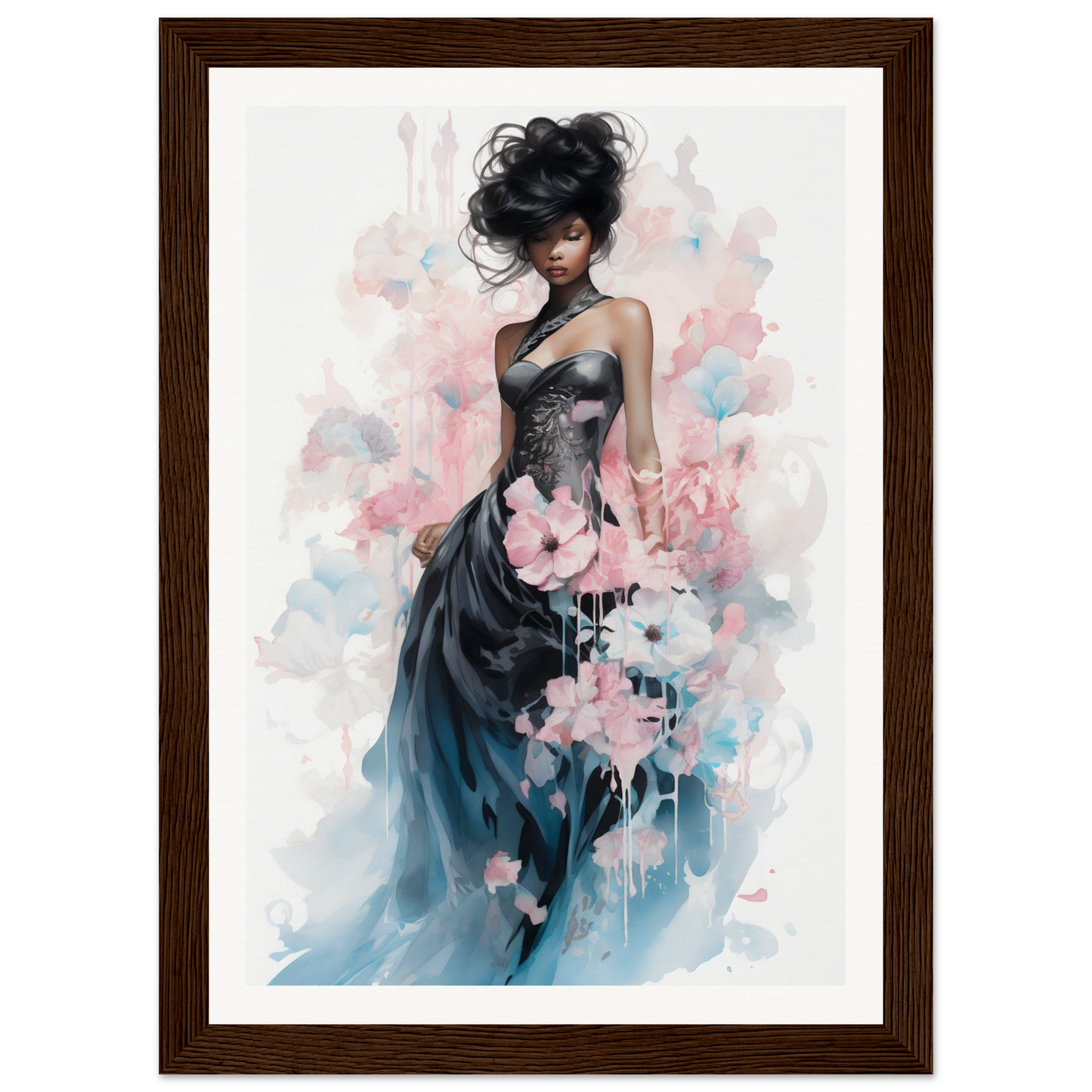 Elegant woman in a flowing blue gown adorned with pink floral elements.