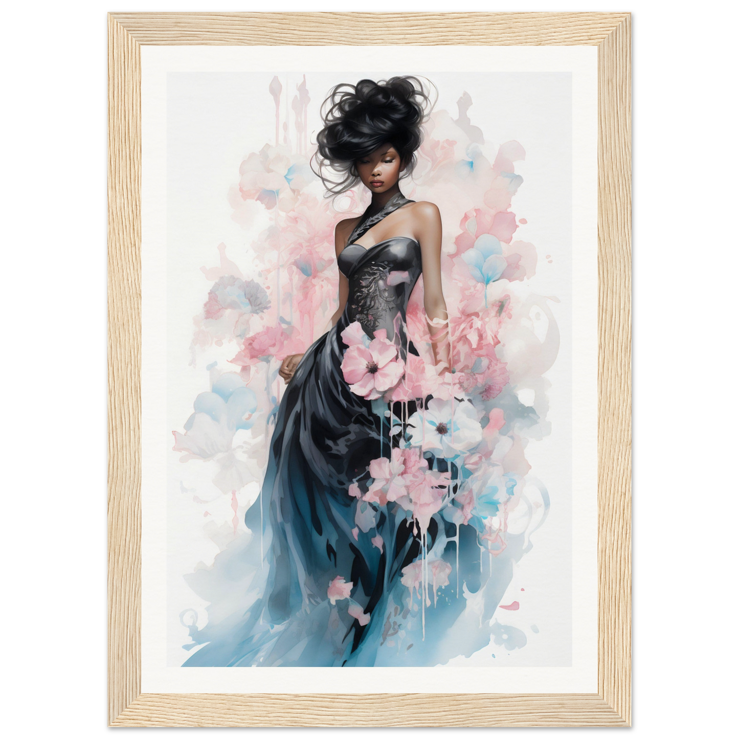 Elegant figure in a flowing blue gown adorned with pink floral elements.