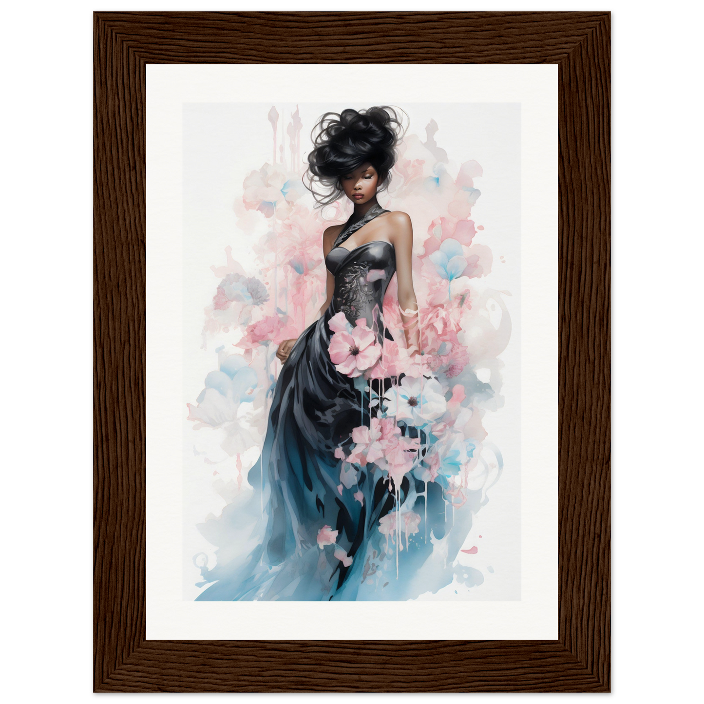 Watercolor-style painting of a woman in an elegant flowing gown with floral elements.