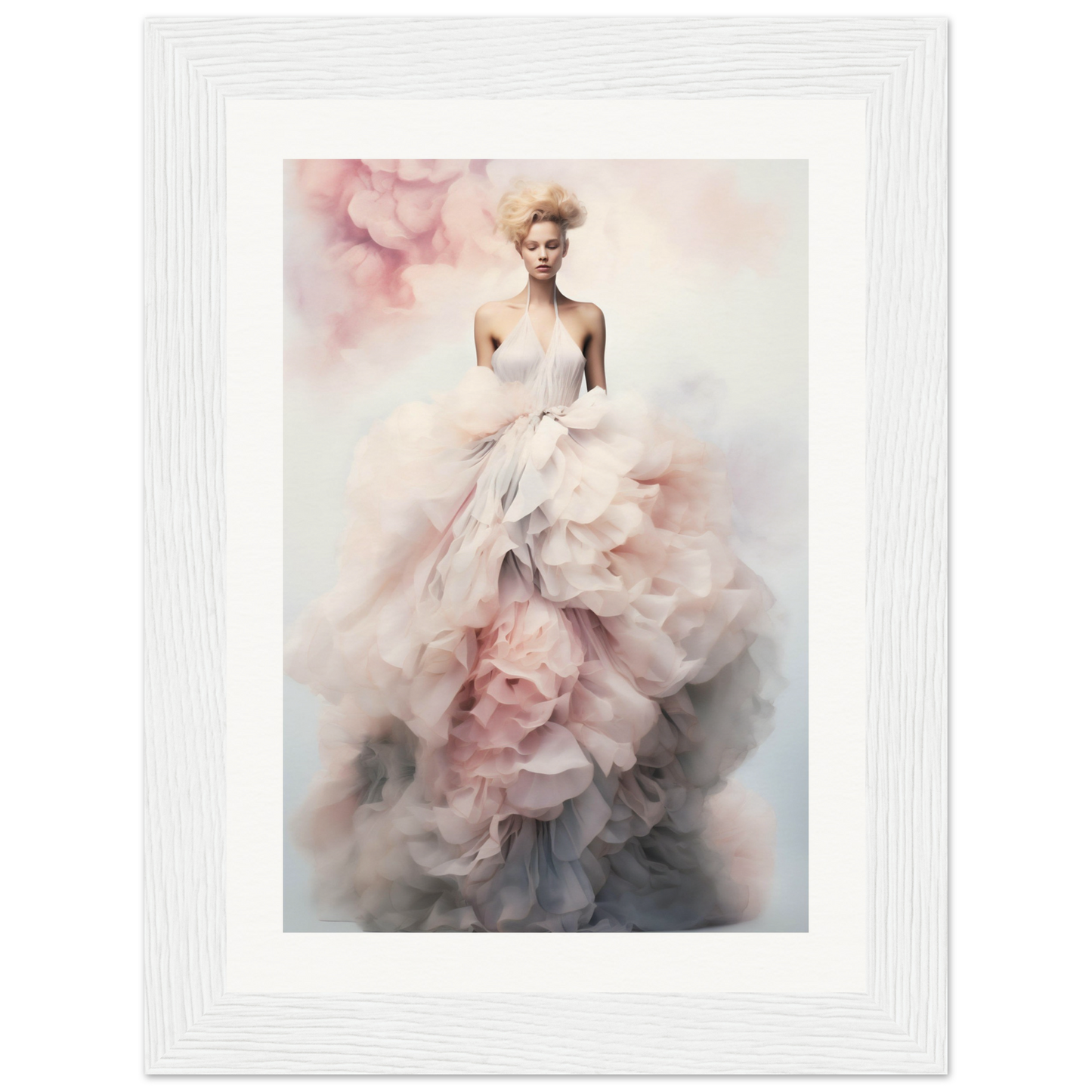 Woman in an ethereal, flowing pink gown with voluminous ruffles.