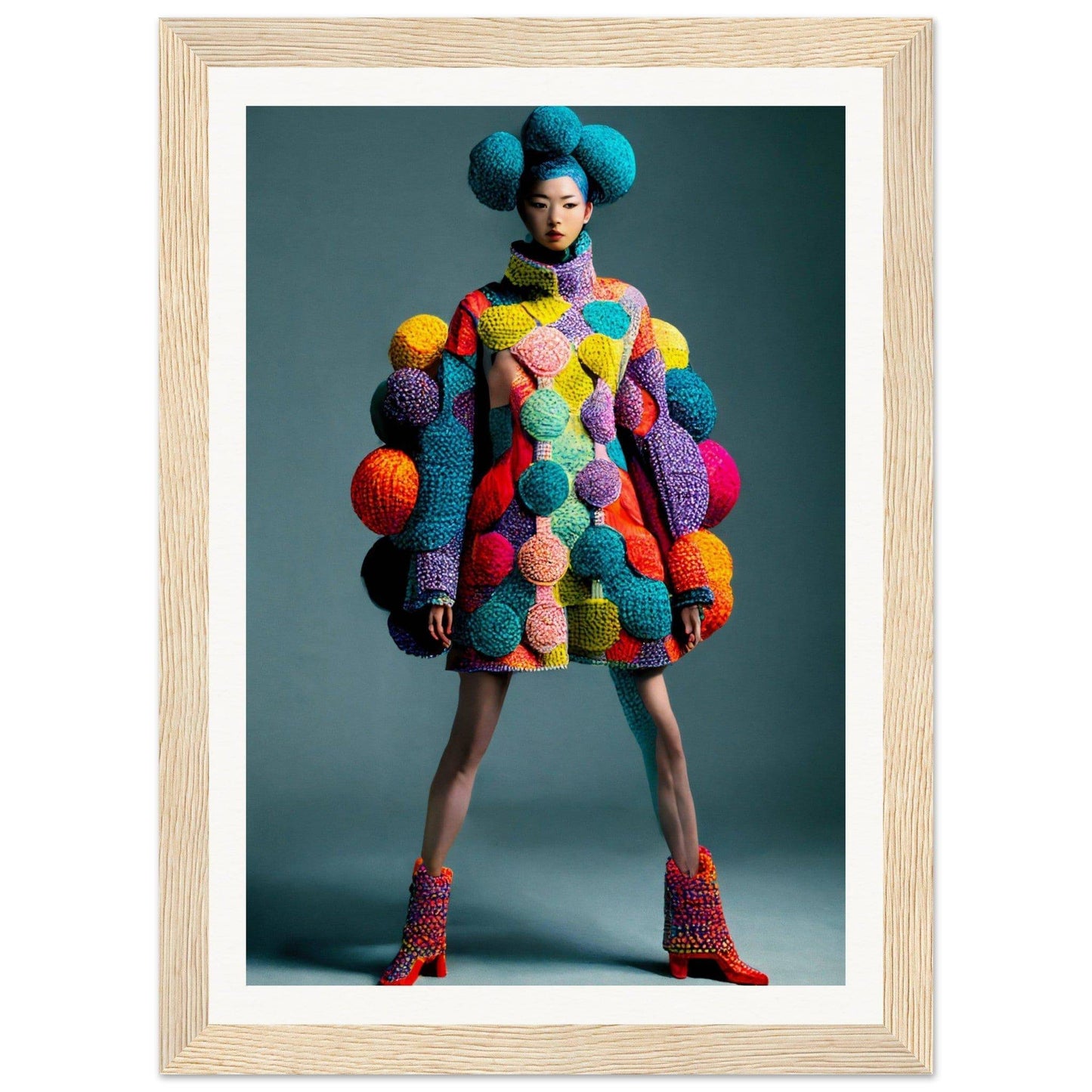 Colorful knitted dress adorned with vibrant pom-poms and matching accessories.