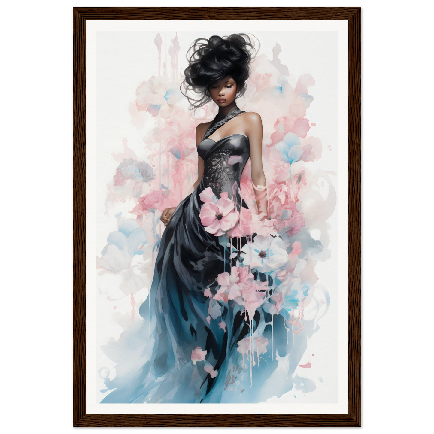 Elegant woman in a flowing gown adorned with soft pink floral elements.